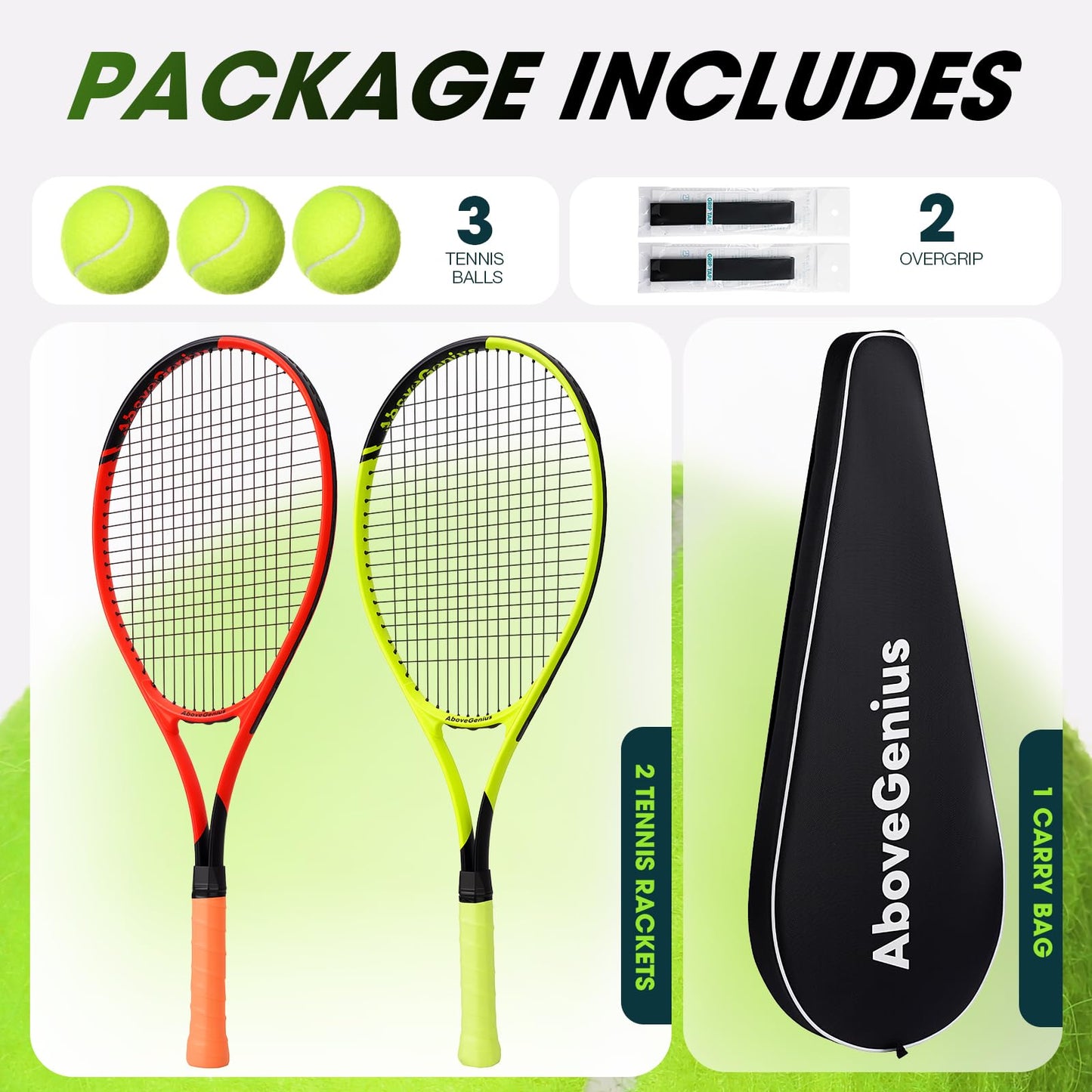 AboveGenius Neon Tennis Rackets 2 Pack for Adults- 27" Lightweight Aluminum Tennis Racquet Set with 3 Balls & Bag- Vibrant High-Visibility Matte Finish for Men Women Beginners - Tennis Mindset