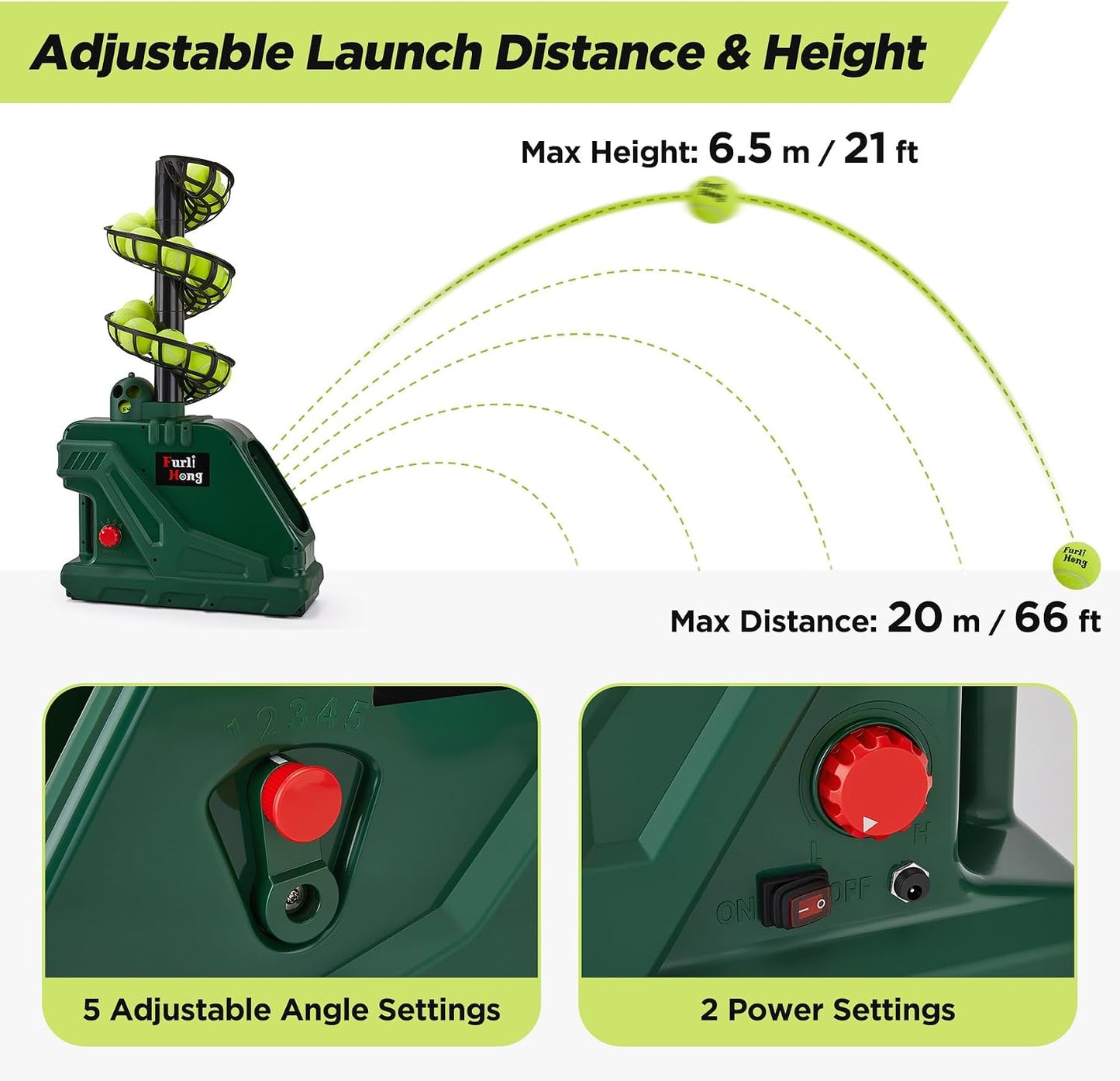 Furlihong 3819BH Portable Tennis Ball Machine – 5 Adjustable Angles, 2 Power Levels, 4 Serve Intervals, Up to 30 MPH, for All Skill Levels Training - Tennis Mindset
