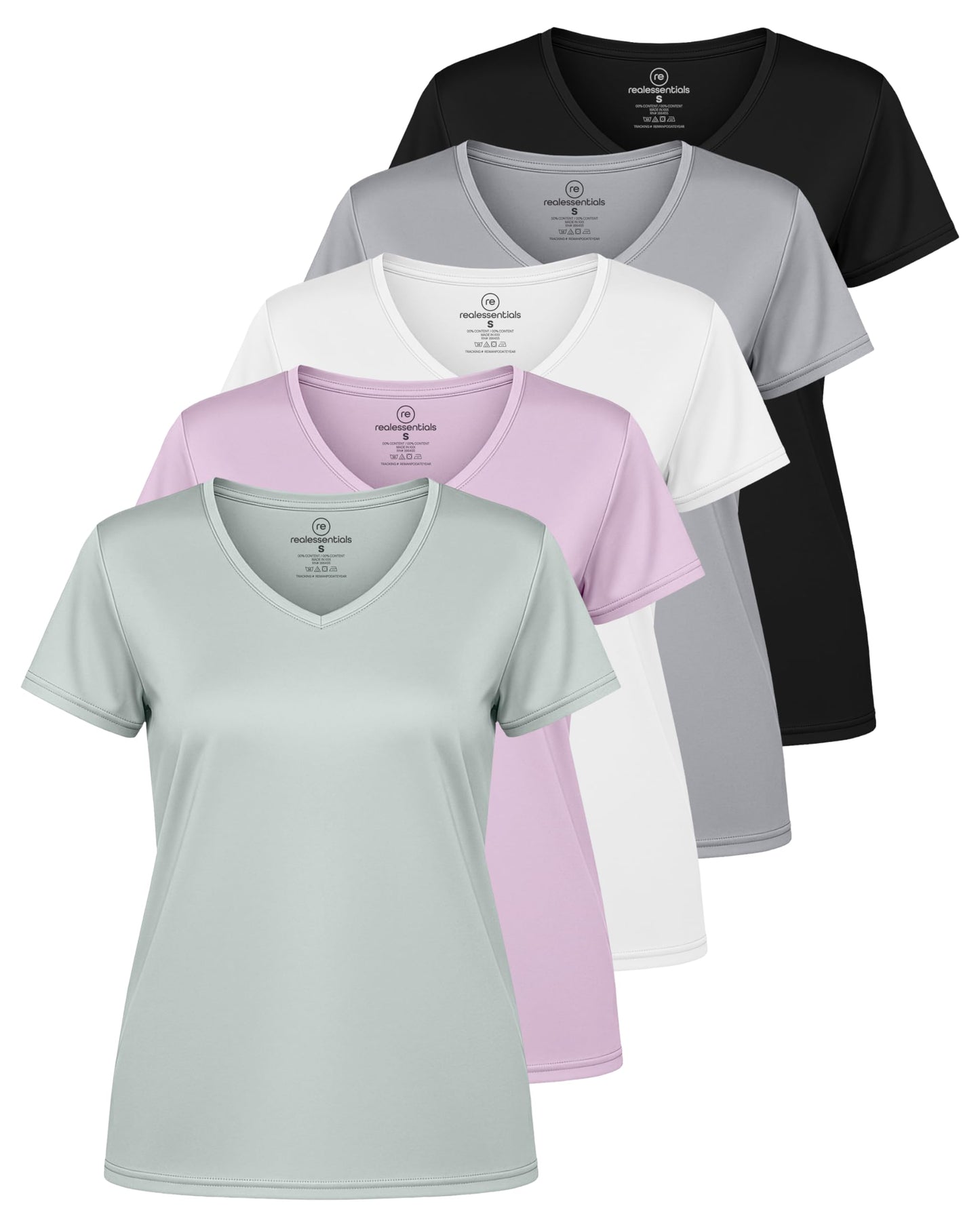 Real Essentials 5 Pack: Women's Dry-Fit Short Sleeve V Neck T Shirt Workout Fitness Yoga Top Tee (Available in Plus Size)