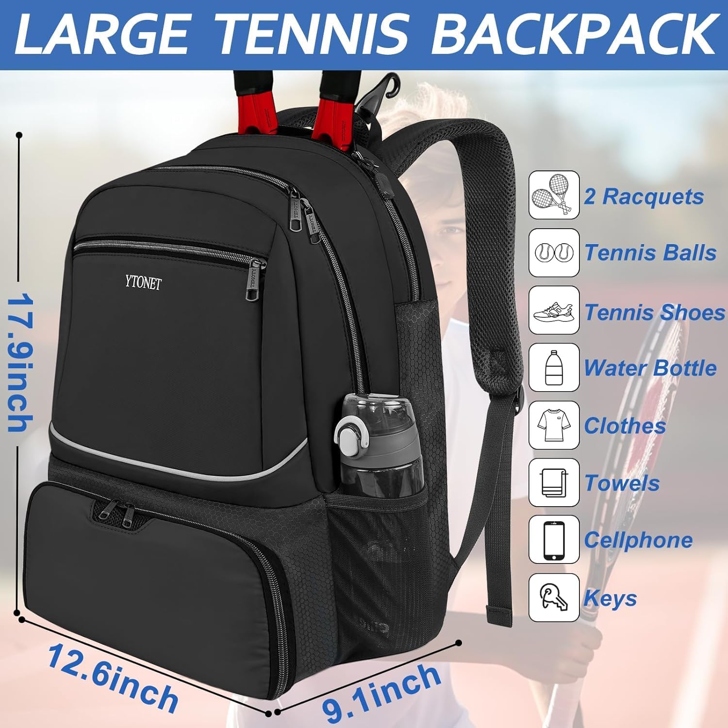 Ytonet Tennis Bag Tennis Backpack for Women Men 2 Rackets - Tennis Mindset