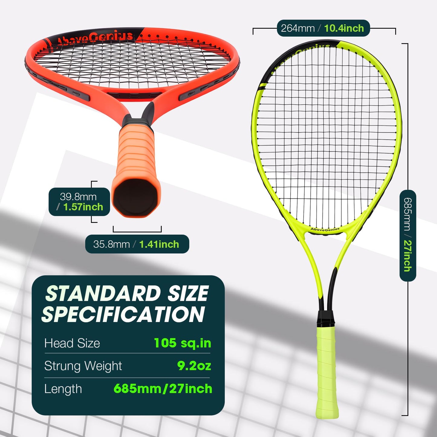AboveGenius Neon Tennis Rackets 2 Pack for Adults- 27" Lightweight Aluminum Tennis Racquet Set with 3 Balls & Bag- Vibrant High-Visibility Matte Finish for Men Women Beginners - Tennis Mindset