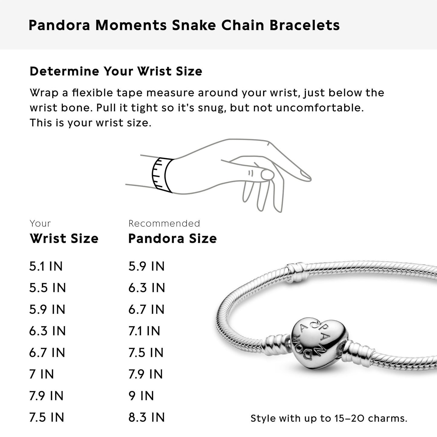 PANDORA Heart Clasp Snake Chain Bracelet - Heart Clasp - Romantic Jewelry for Her with Gift Box - Compatible Moments Charms