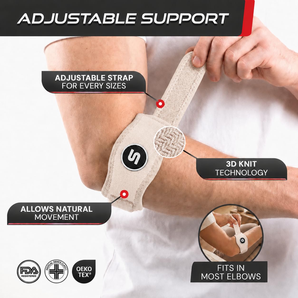 Sleeve Stars Tennis Elbow Brace for Men & Women, Elbow Brace for Tendonitis, Tennis Elbow Strap, Golfers Elbow Brace, Elbow Support Wrap for Tennis Elbow Relief, Fits 9"-23" (Single/Black) - Tennis Mindset