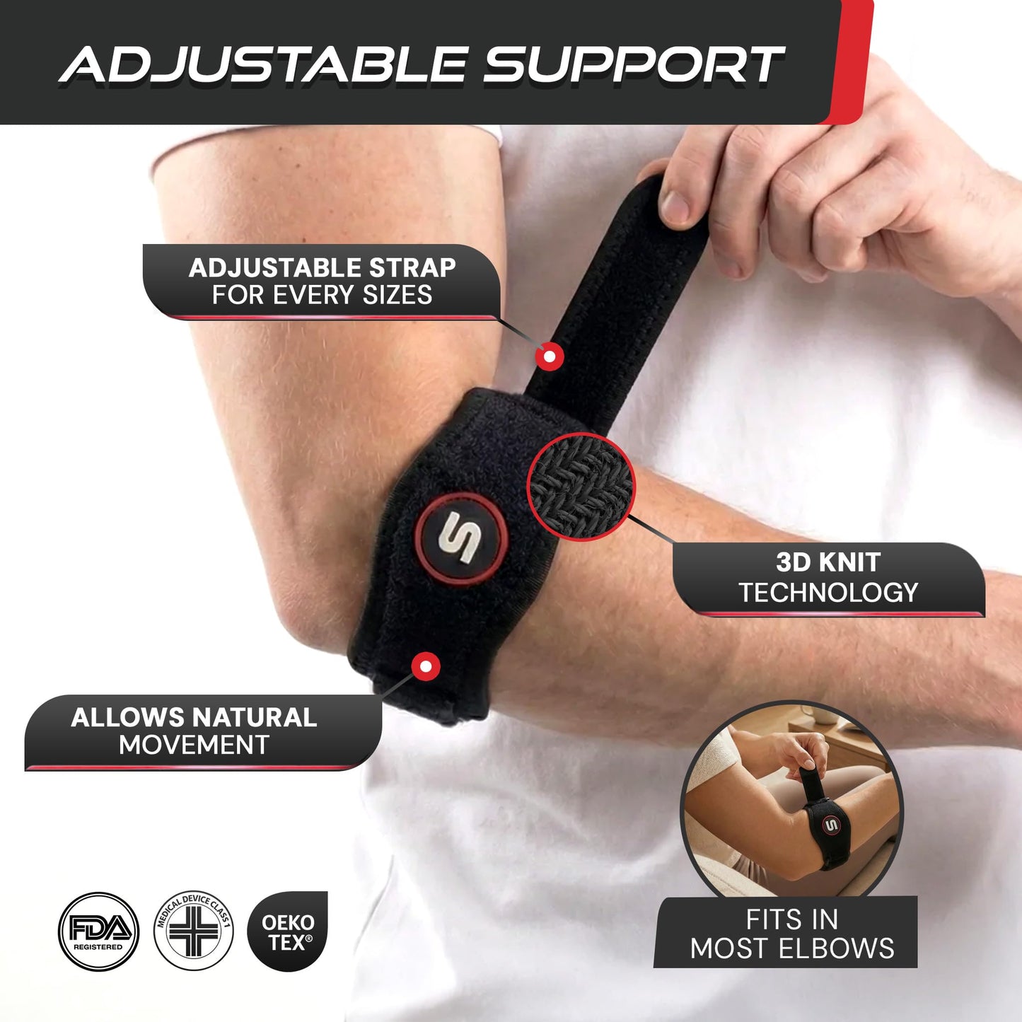 Sleeve Stars Tennis Elbow Brace for Men & Women, Elbow Brace for Tendonitis, Tennis Elbow Strap, Golfers Elbow Brace, Elbow Support Wrap for Tennis Elbow Relief, Fits 9"-23" (Single/Black) - Tennis Mindset