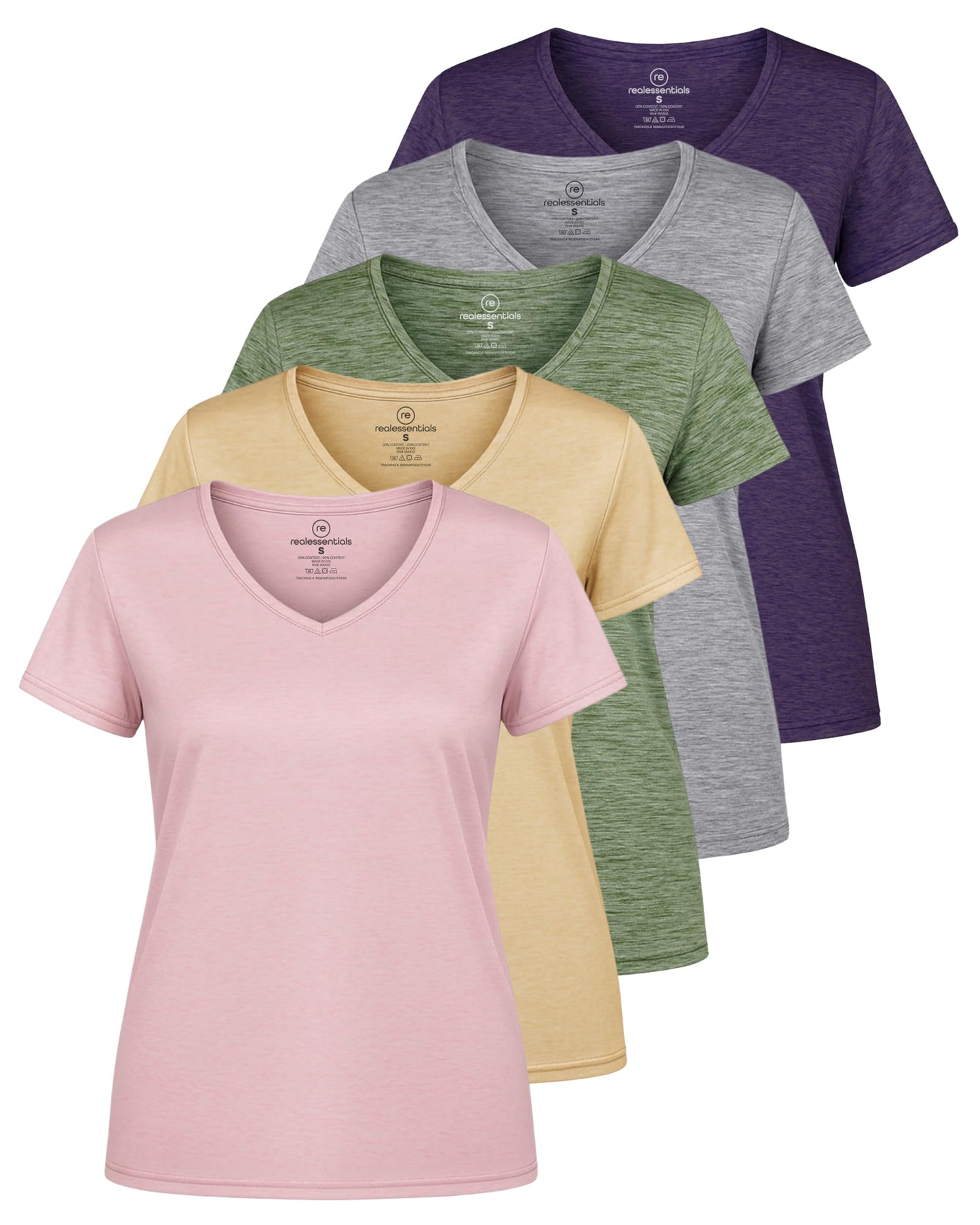 Real Essentials 5 Pack: Women's Dry-Fit Short Sleeve V Neck T Shirt Workout Fitness Yoga Top Tee (Available in Plus Size)