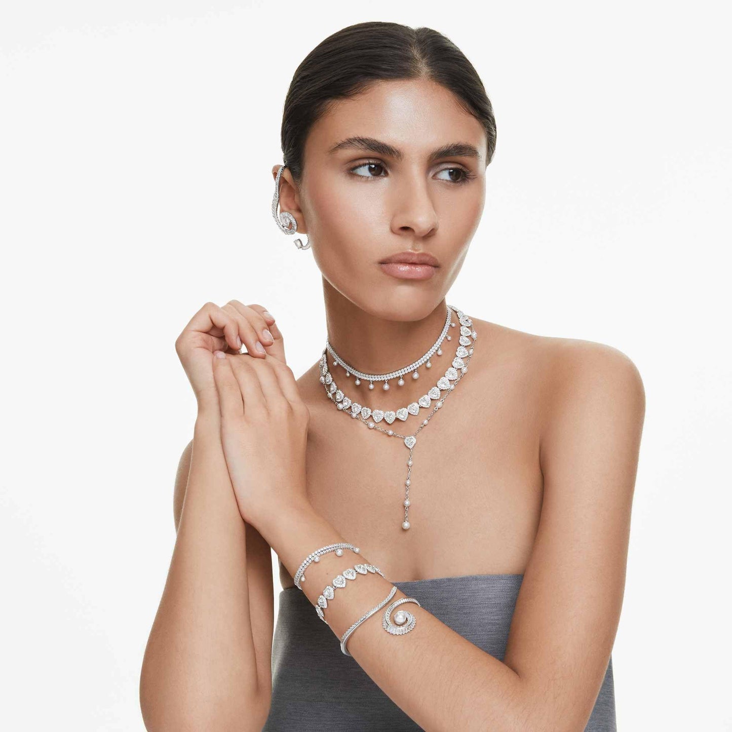Swarovski Ariana Grande Collection, Clear Crystal & Pearls, Rhodium Finish, Necklaces, Earrings and Bracelets - Tennis Mindset