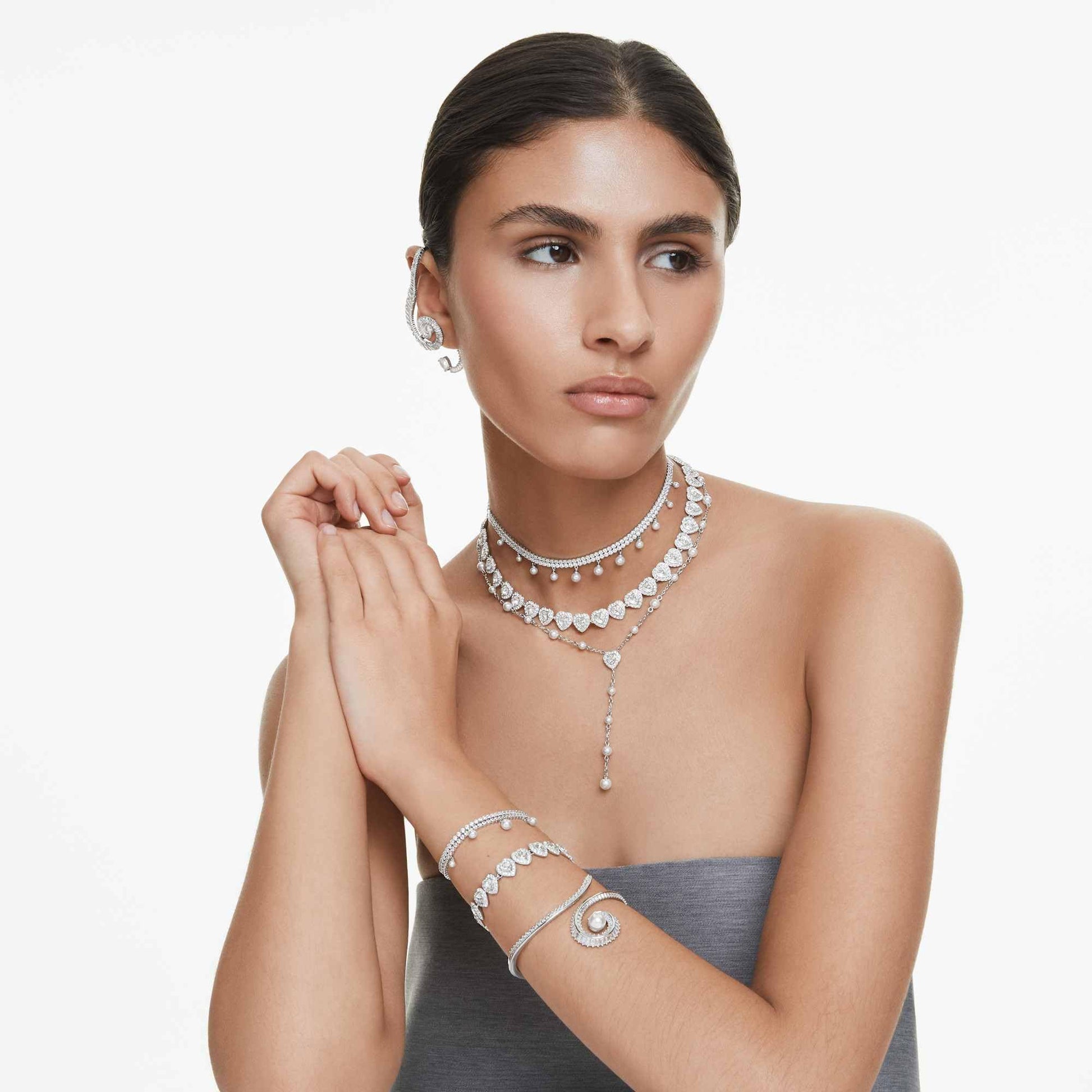 Swarovski Ariana Grande Collection, Clear Crystal & Pearls, Rhodium Finish, Necklaces, Earrings and Bracelets - Tennis Mindset