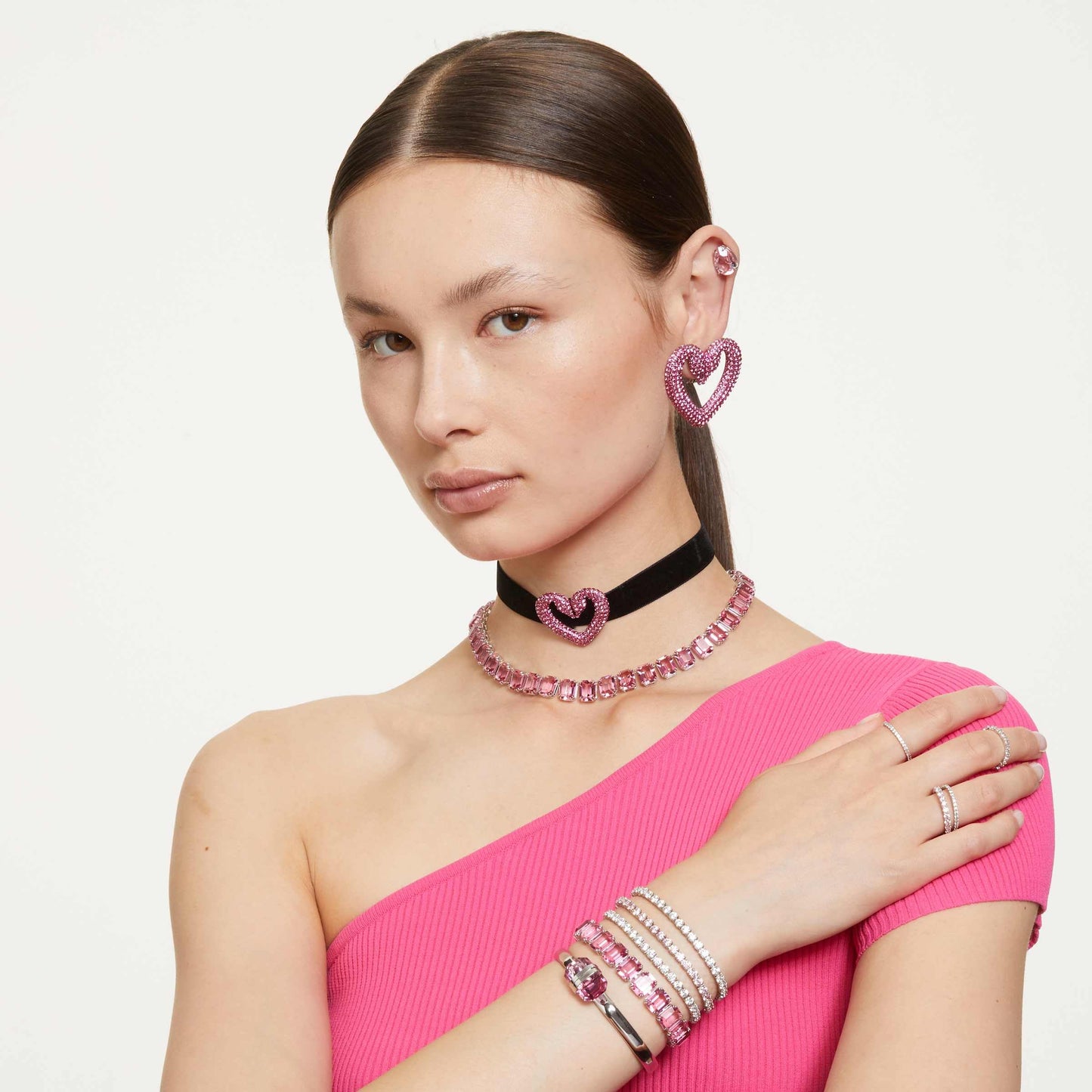 Swarovski Matrix Tennis Bracelet, Round Cut Crystals, Pink, Blue, Black, Clear, Rhodium, Gold-Tone and Rose Gold-Tone Finishes