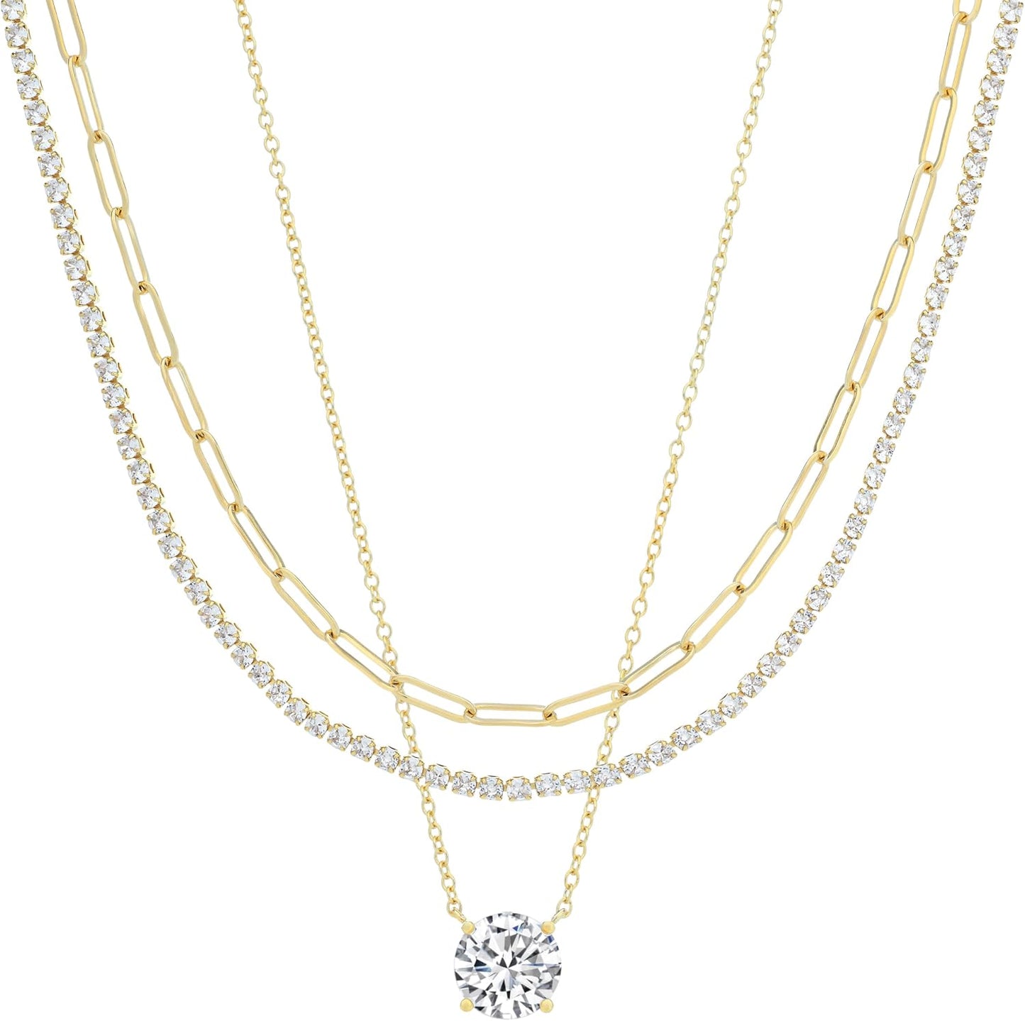 Amazon Essentials 14K Gold Plated Necklace Set of 3 - Tennis Necklace, Paperclip Necklace and Solitaire CZ Pendant - Dainty Hypoallergenic Necklaces for Women - Tennis Mindset