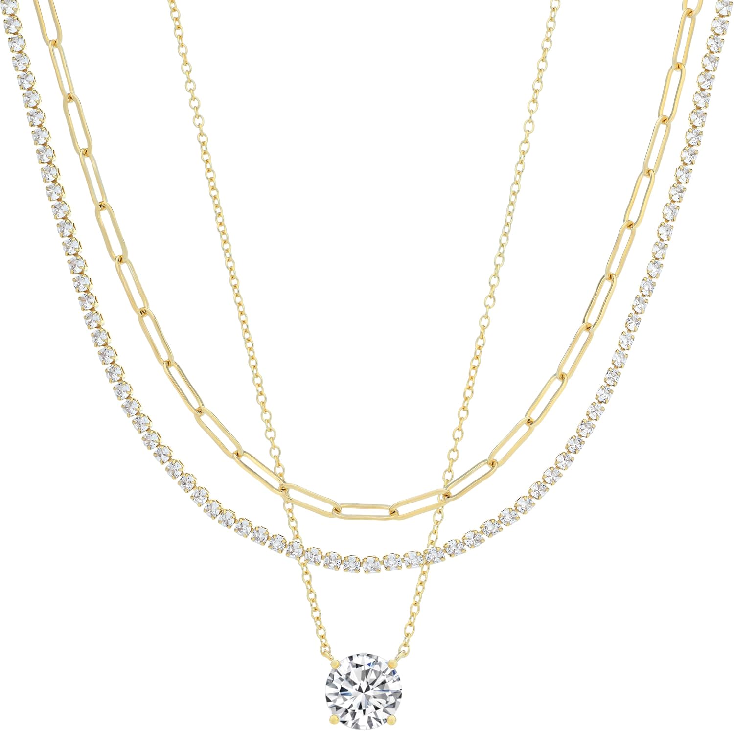Amazon Essentials 14K Gold Plated Necklace Set of 3 - Tennis Necklace, Paperclip Necklace and Solitaire CZ Pendant - Dainty Hypoallergenic Necklaces for Women - Tennis Mindset