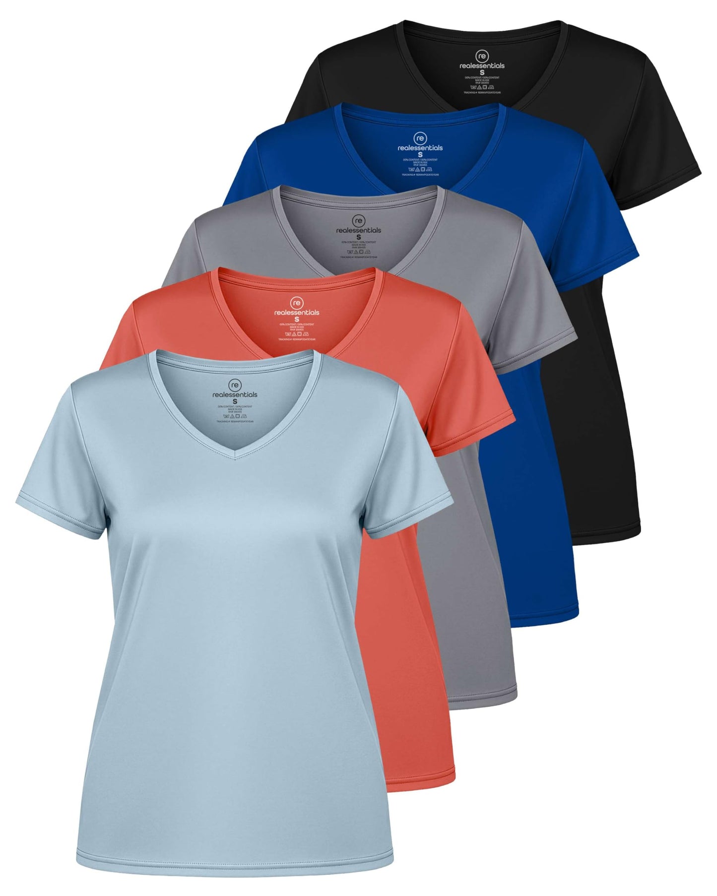 Real Essentials 5 Pack: Women's Dry-Fit Short Sleeve V Neck T Shirt Workout Fitness Yoga Top Tee (Available in Plus Size)