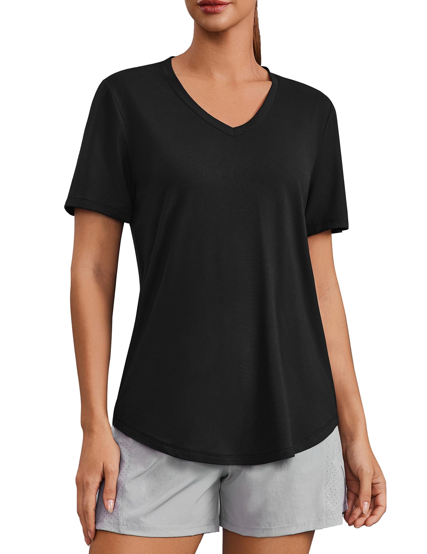PINSPARK V Neck Workout Tops for Women Short Sleeve Quick Dry Shirts