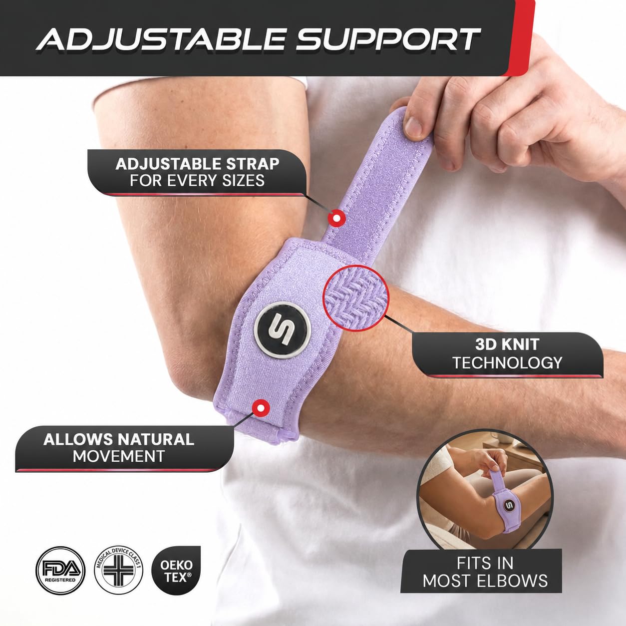 Sleeve Stars Tennis Elbow Brace for Men & Women, Elbow Brace for Tendonitis, Tennis Elbow Strap, Golfers Elbow Brace, Elbow Support Wrap for Tennis Elbow Relief, Fits 9"-23" (Single/Black) - Tennis Mindset