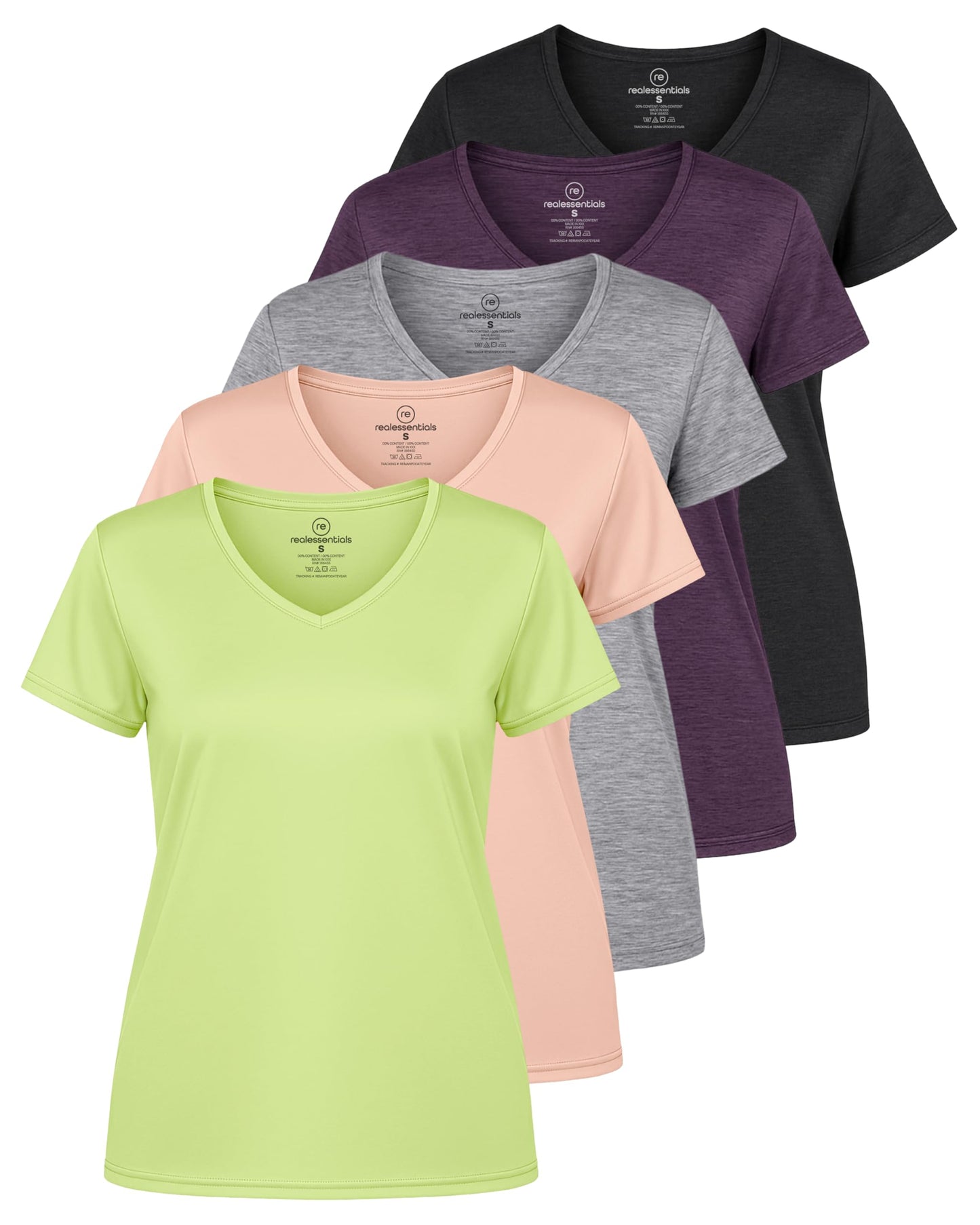 Real Essentials 5 Pack: Women's Dry-Fit Short Sleeve V Neck T Shirt Workout Fitness Yoga Top Tee (Available in Plus Size)