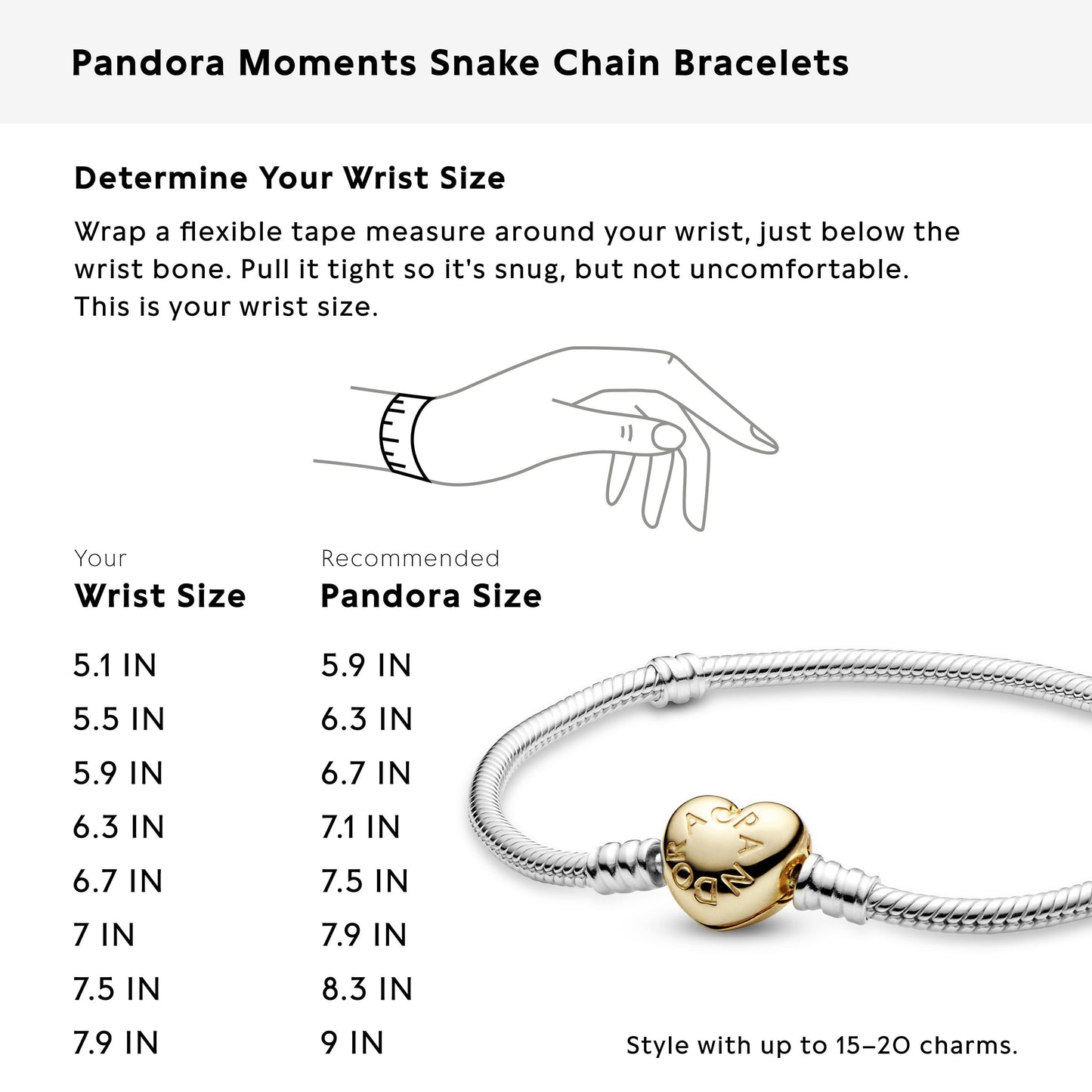 PANDORA Heart Clasp Snake Chain Bracelet - Heart Clasp - Romantic Jewelry for Her with Gift Box - Compatible Moments Charms