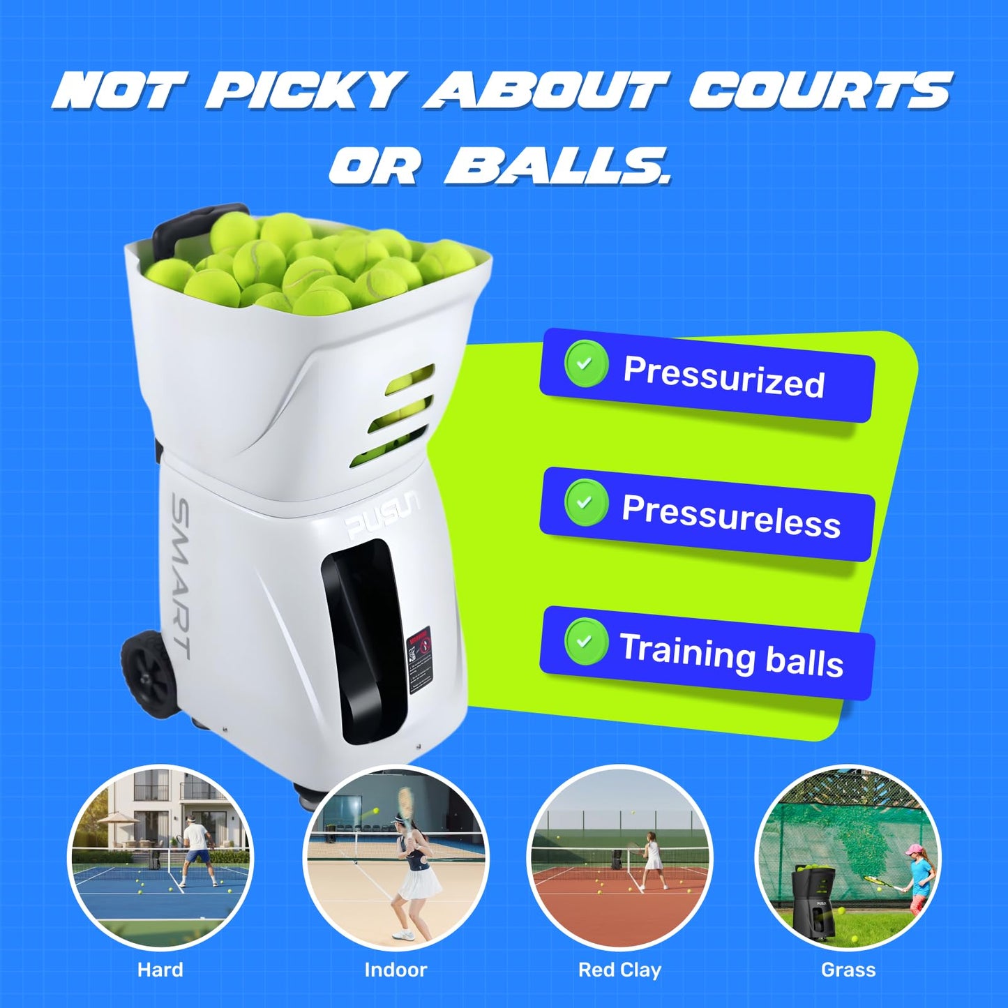PUSUN｜PT-Smart Tennis Ball Machine: App Control with 12 Built-in Training Modes,6-Level Spin,28-Pt,75 MPH,32.6 lbs,100+ Ball,5H Battery, Portable, for Tennis/Padel,Training, Practice,Beginners to Pros - Tennis Mindset