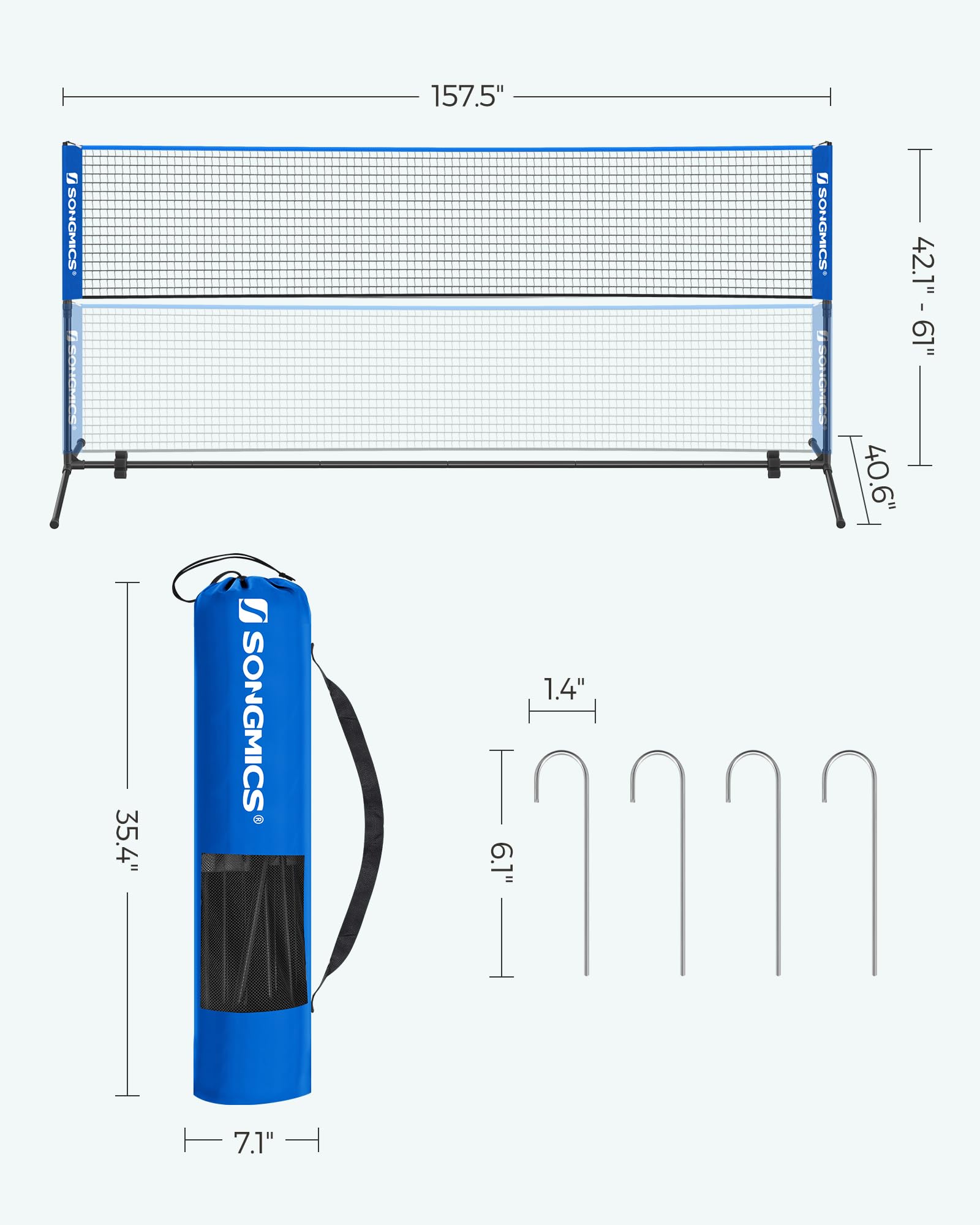 SONGMICS Badminton Net, Height Adjustable Volleyball Net, Pickleball Net for Junior Tennis, Kids, Indoor Outdoor Court, Foldable Nylon Net with Poles 10ft/13ft/16.5ft Wide - Tennis Mindset