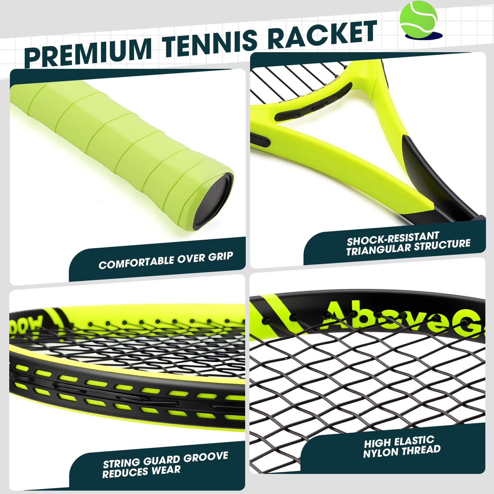 AboveGenius Neon Tennis Rackets 2 Pack for Adults- 27" Lightweight Aluminum Tennis Racquet Set with 3 Balls & Bag- Vibrant High-Visibility Matte Finish for Men Women Beginners - Tennis Mindset