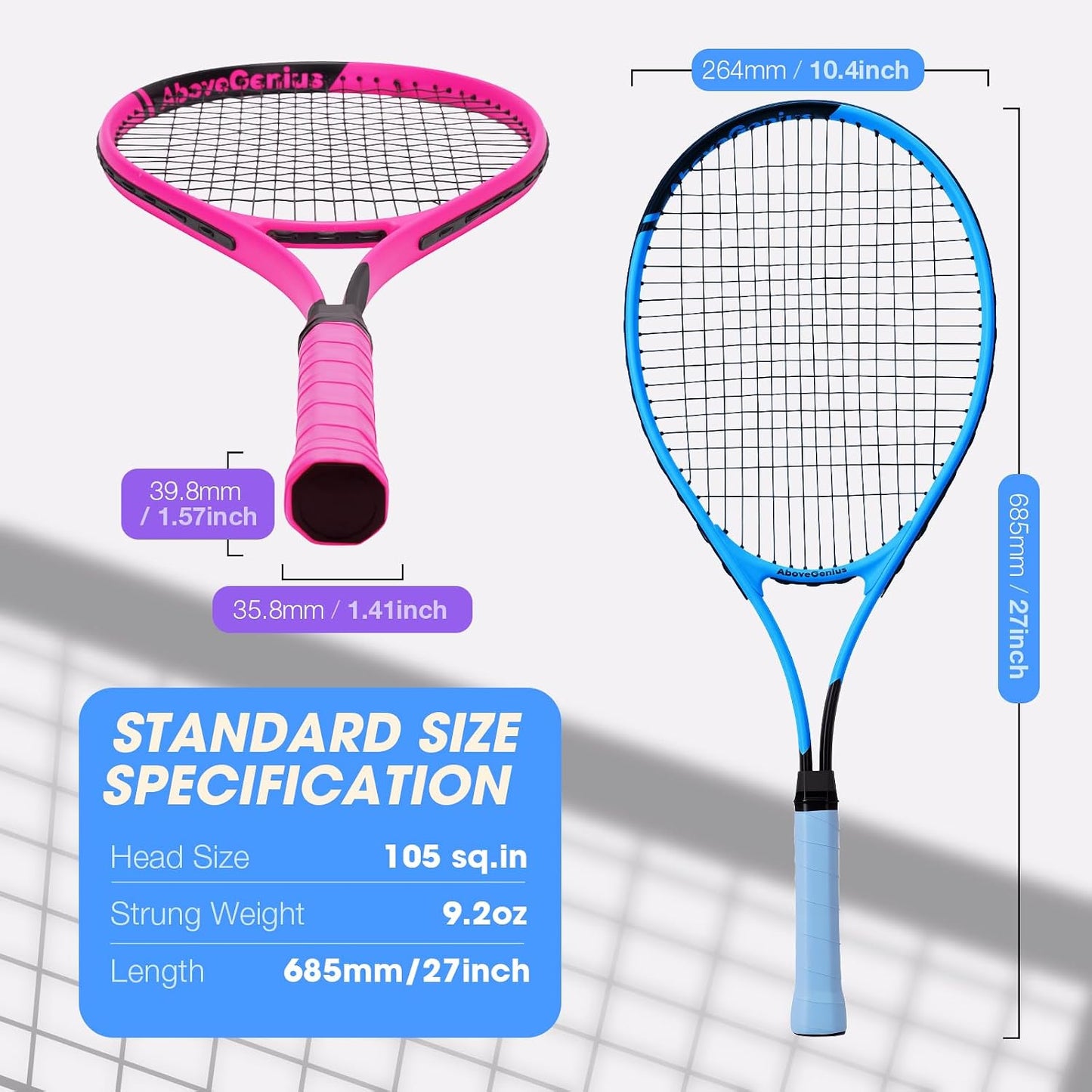 AboveGenius Neon Tennis Rackets 2 Pack for Adults- 27" Lightweight Aluminum Tennis Racquet Set with 3 Balls & Bag- Vibrant High-Visibility Matte Finish for Men Women Beginners - Tennis Mindset