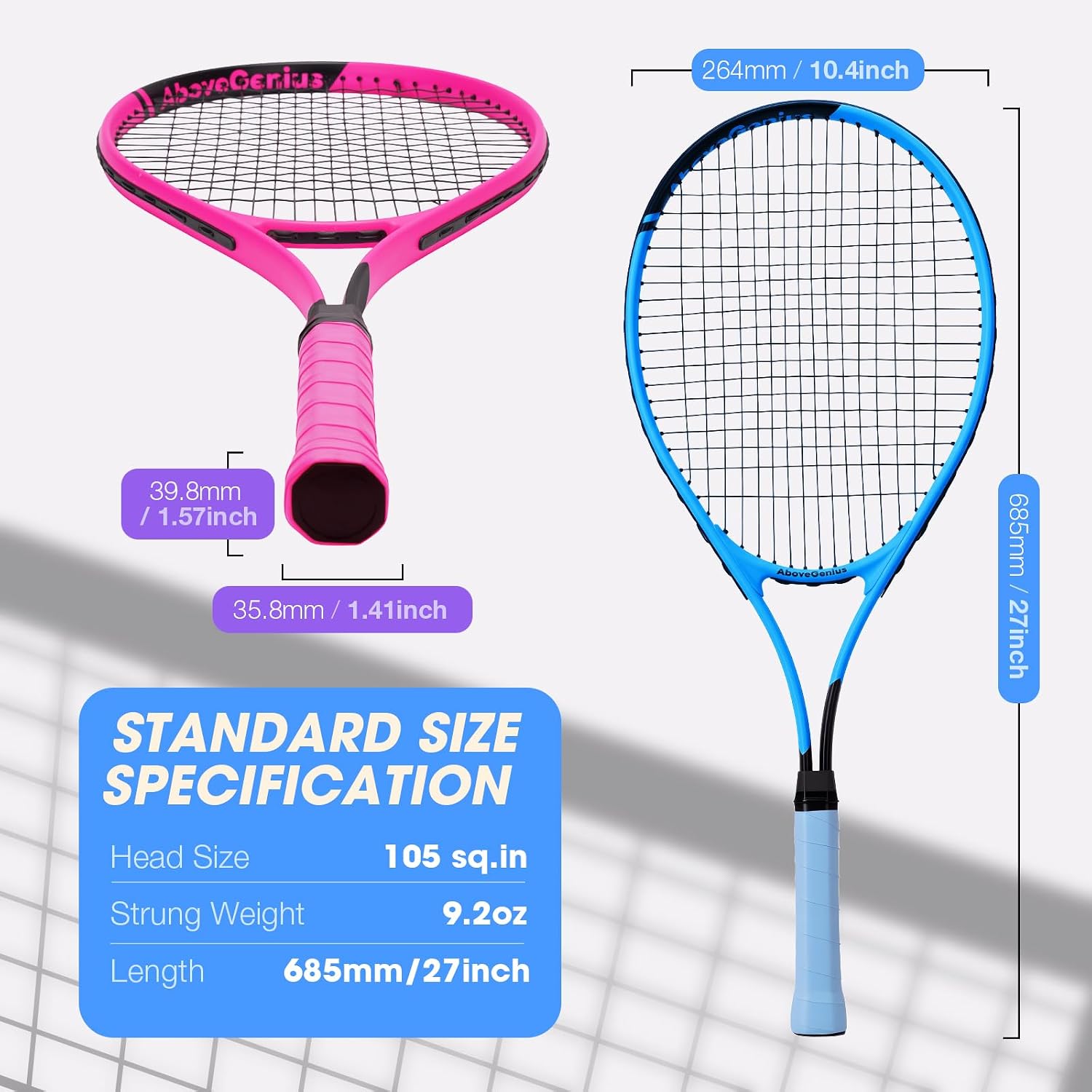 AboveGenius Neon Tennis Rackets 2 Pack for Adults- 27" Lightweight Aluminum Tennis Racquet Set with 3 Balls & Bag- Vibrant High-Visibility Matte Finish for Men Women Beginners - Tennis Mindset