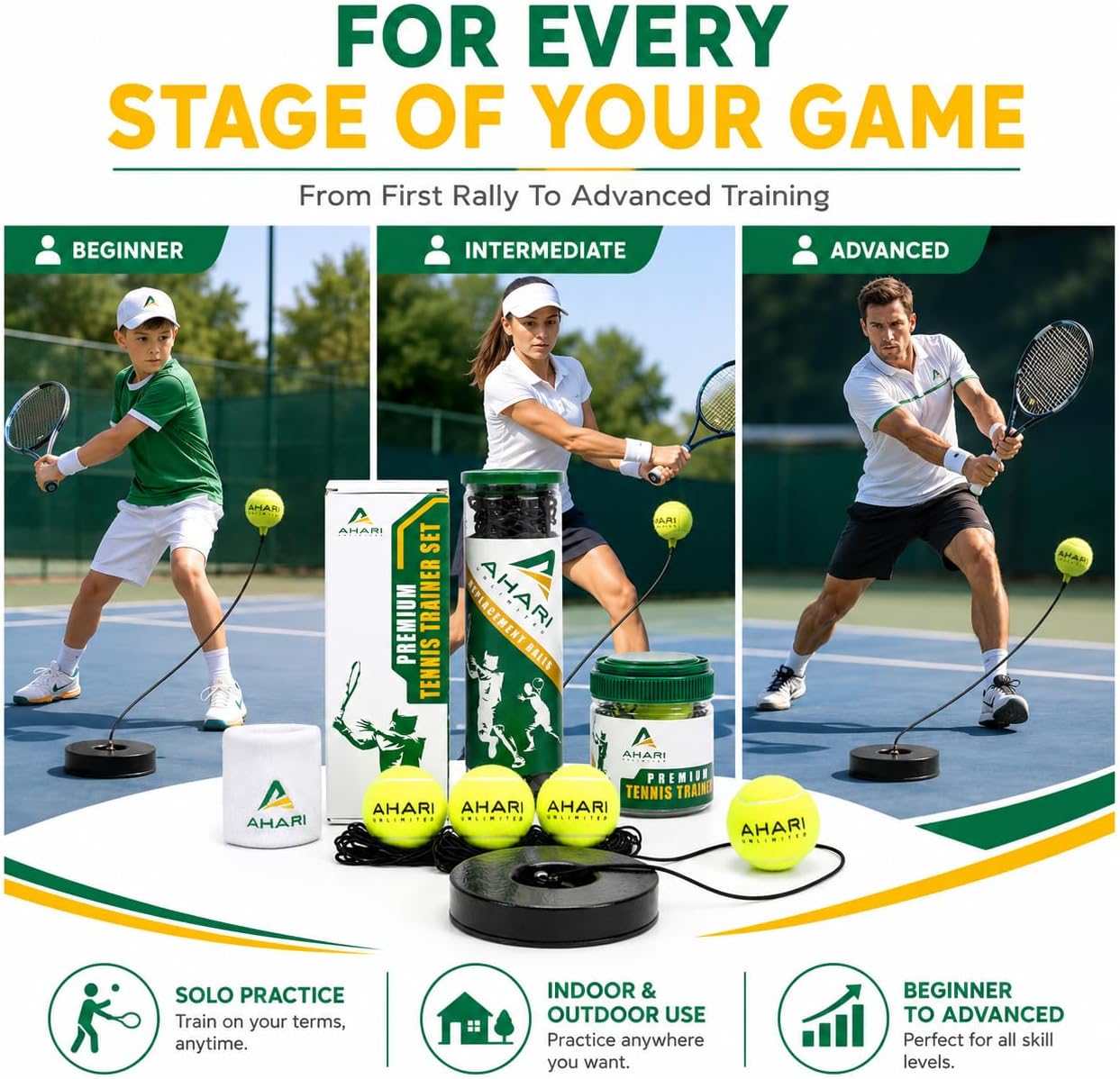 Premium Tennis Trainer Set, Pro Rebounder with Metal Base in a Carrying Cylinder, 3 Replacement Rebound Balls, & Wristband, Portable Tennis Practice Equipment for Solo Training - Tennis Mindset