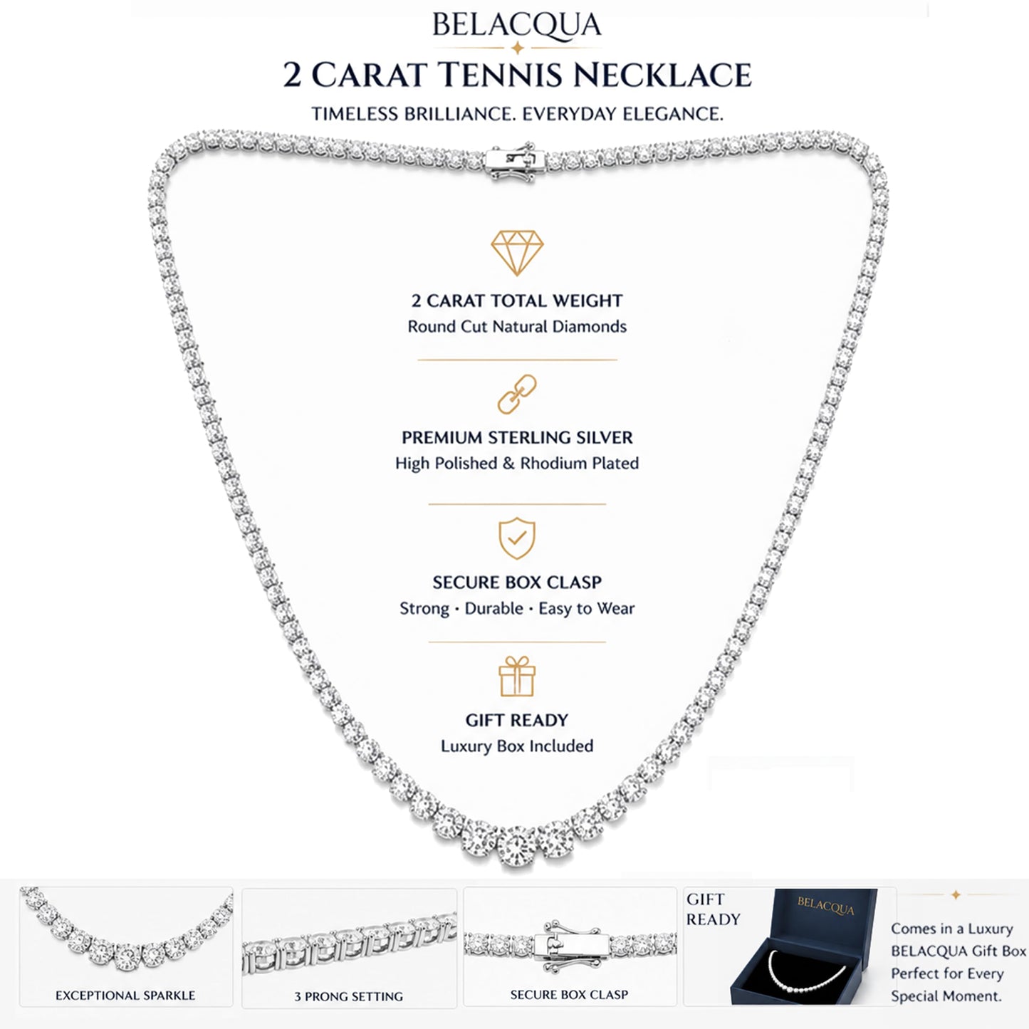 Belacqua 16-20 Inches Lab Grown Diamond Graduated Riviera Tennis Necklace - Tennis Mindset