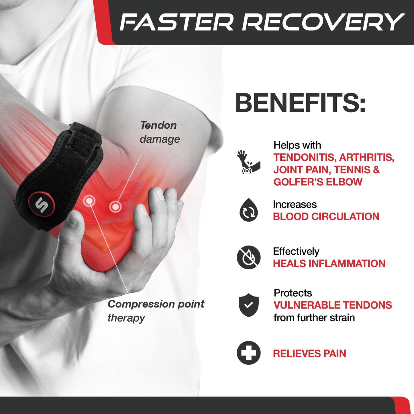 Sleeve Stars Tennis Elbow Brace for Men & Women, Elbow Brace for Tendonitis, Tennis Elbow Strap, Golfers Elbow Brace, Elbow Support Wrap for Tennis Elbow Relief, Fits 9"-23" (Single/Black) - Tennis Mindset