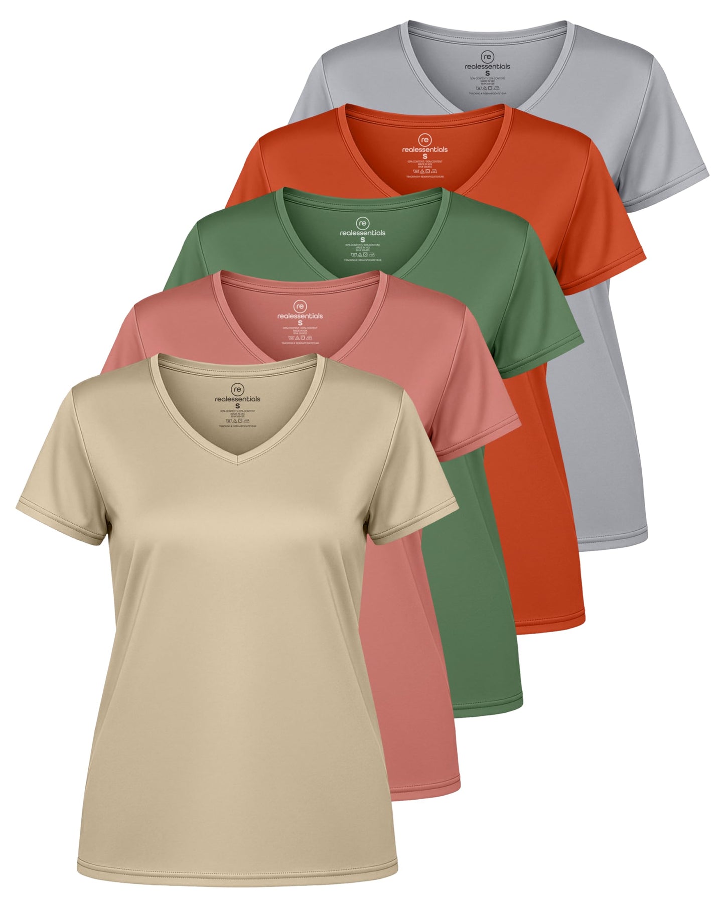 Real Essentials 5 Pack: Women's Dry-Fit Short Sleeve V Neck T Shirt Workout Fitness Yoga Top Tee (Available in Plus Size)