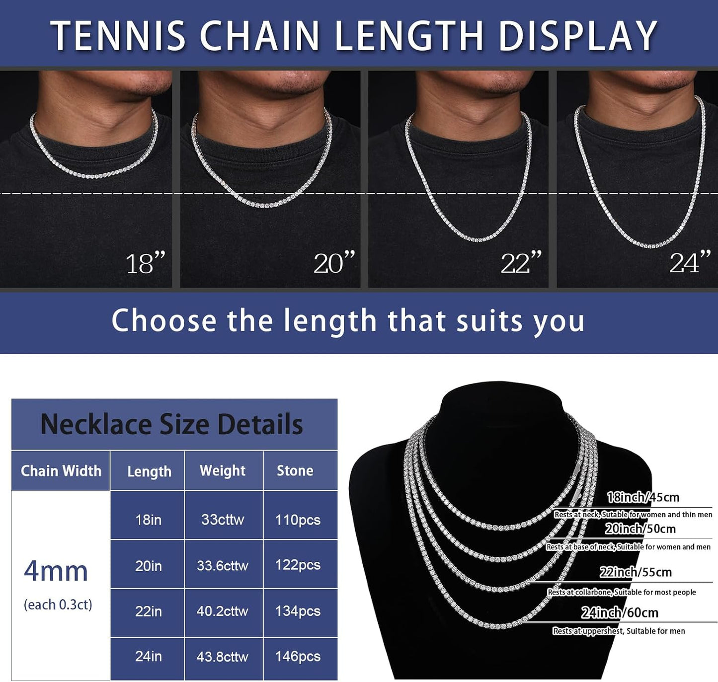Moissanite Tennis Necklace, 12.4-43.8 Carats Lab Created Simulated Diamond Necklace for Men Women 18k Gold Plated 925 Sterling Silver 3MM 4MM Tennis Certificate Moissanite Necklace Chain Mothers Day - Tennis Mindset