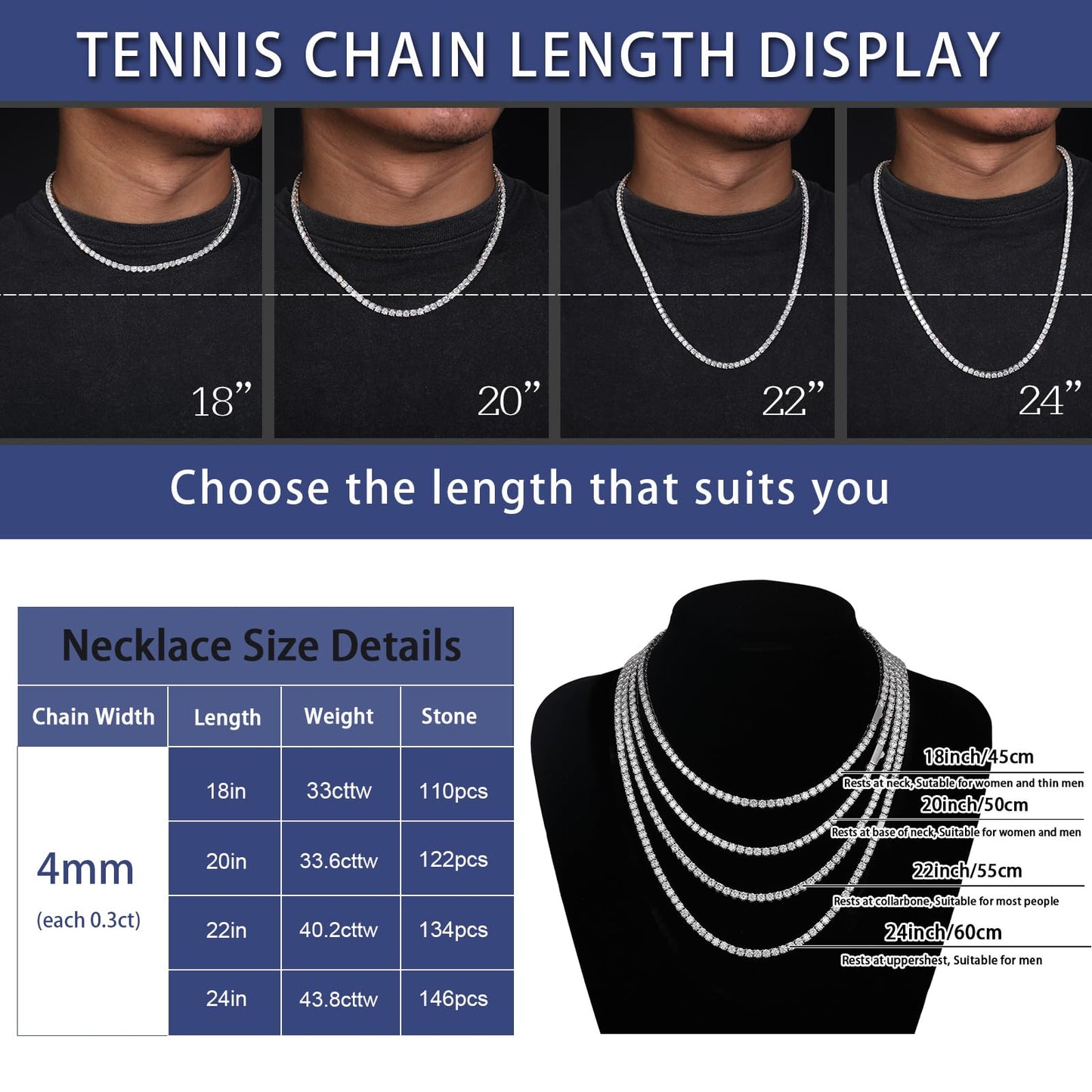 Moissanite Tennis Necklace, 12.4-43.8 Carats Lab Created Simulated Diamond Necklace for Men Women 18k Gold Plated 925 Sterling Silver 3MM 4MM Tennis Certificate Moissanite Necklace Chain Mothers Day - Tennis Mindset