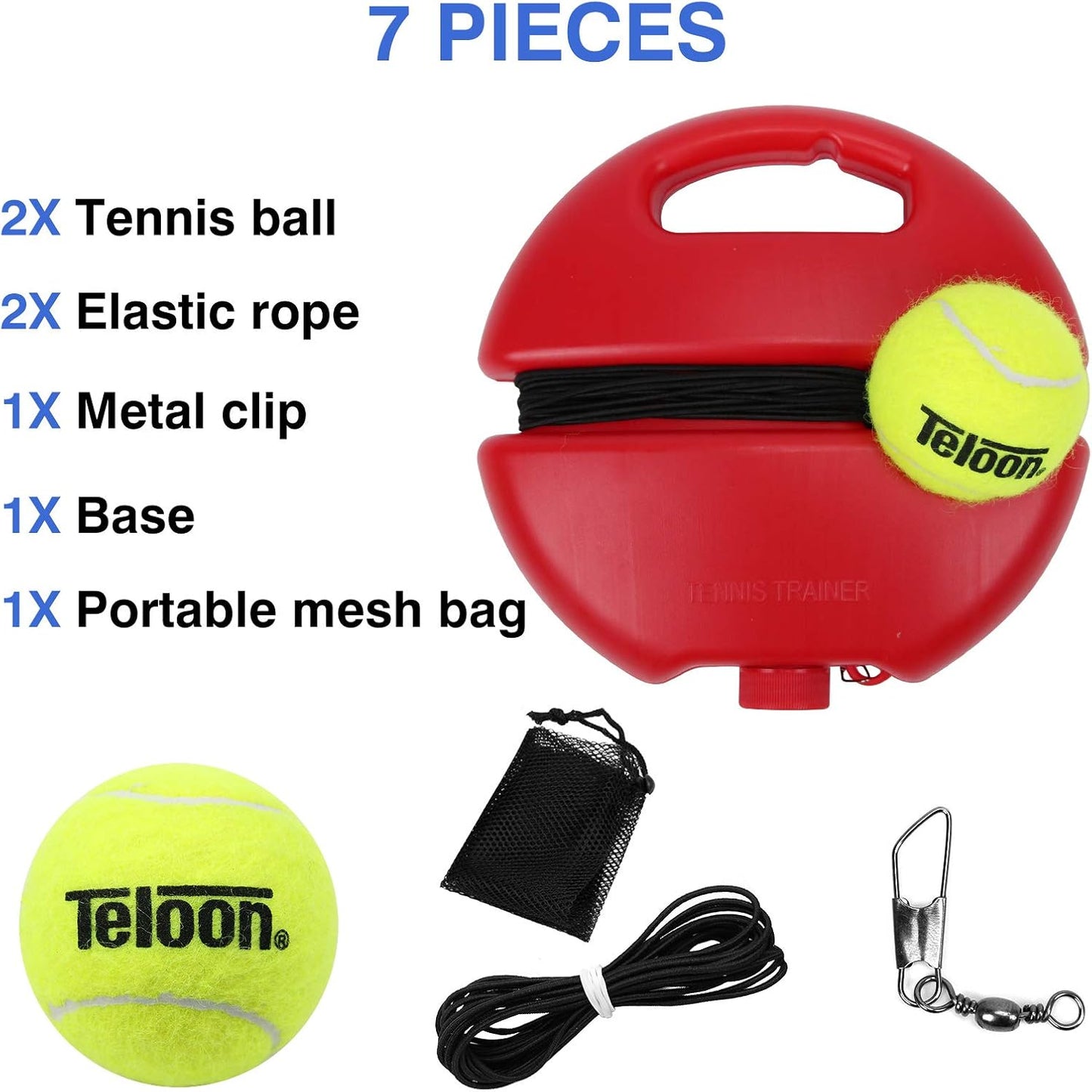 Teloon Solo Tennis Trainer Rebound Ball with String for Self Tennis Practice Training Tool for Adults or Kids Beginners with 2 String Balls Elastic and a Portable Mesh Bag - Tennis Mindset