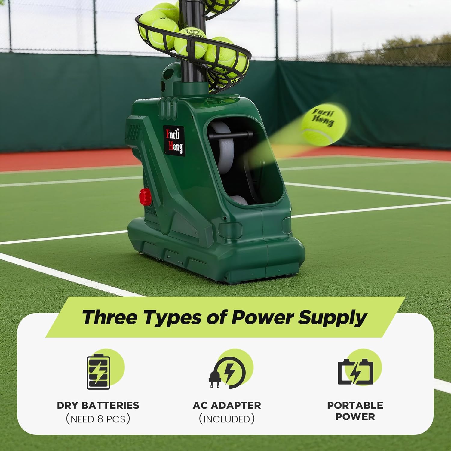 Furlihong 3819BH Portable Tennis Ball Machine – 5 Adjustable Angles, 2 Power Levels, 4 Serve Intervals, Up to 30 MPH, for All Skill Levels Training - Tennis Mindset