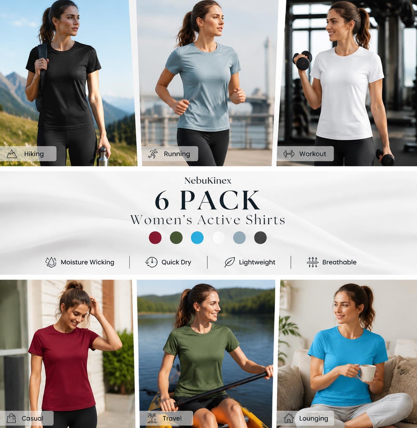6 Pack Workout Tops for Women Short Sleeve Athletic Quick Dry T Shirts