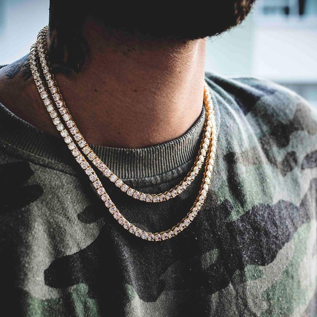 JINAO 6MM Tennis Chain Necklace 18k Gold Plated 1 Row Lab Simulated Diamond Iced Out Cubic Zirconia Chain Men's Hip hop Tennis Choker Necklace Chain for Men Women - Tennis Mindset