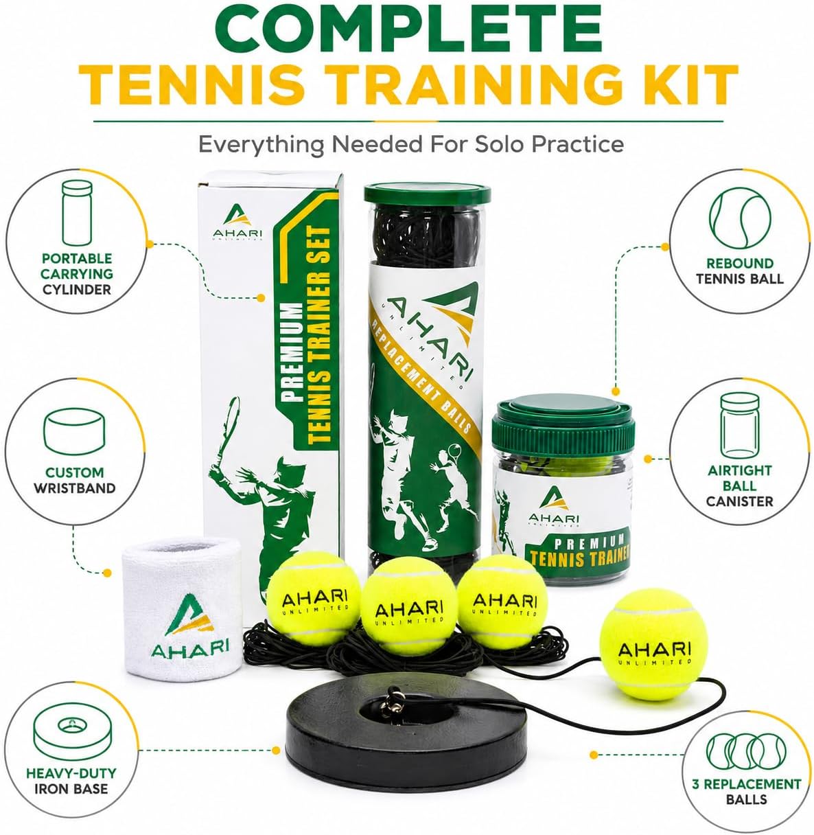 Premium Tennis Trainer Set, Pro Rebounder with Metal Base in a Carrying Cylinder, 3 Replacement Rebound Balls, & Wristband, Portable Tennis Practice Equipment for Solo Training - Tennis Mindset