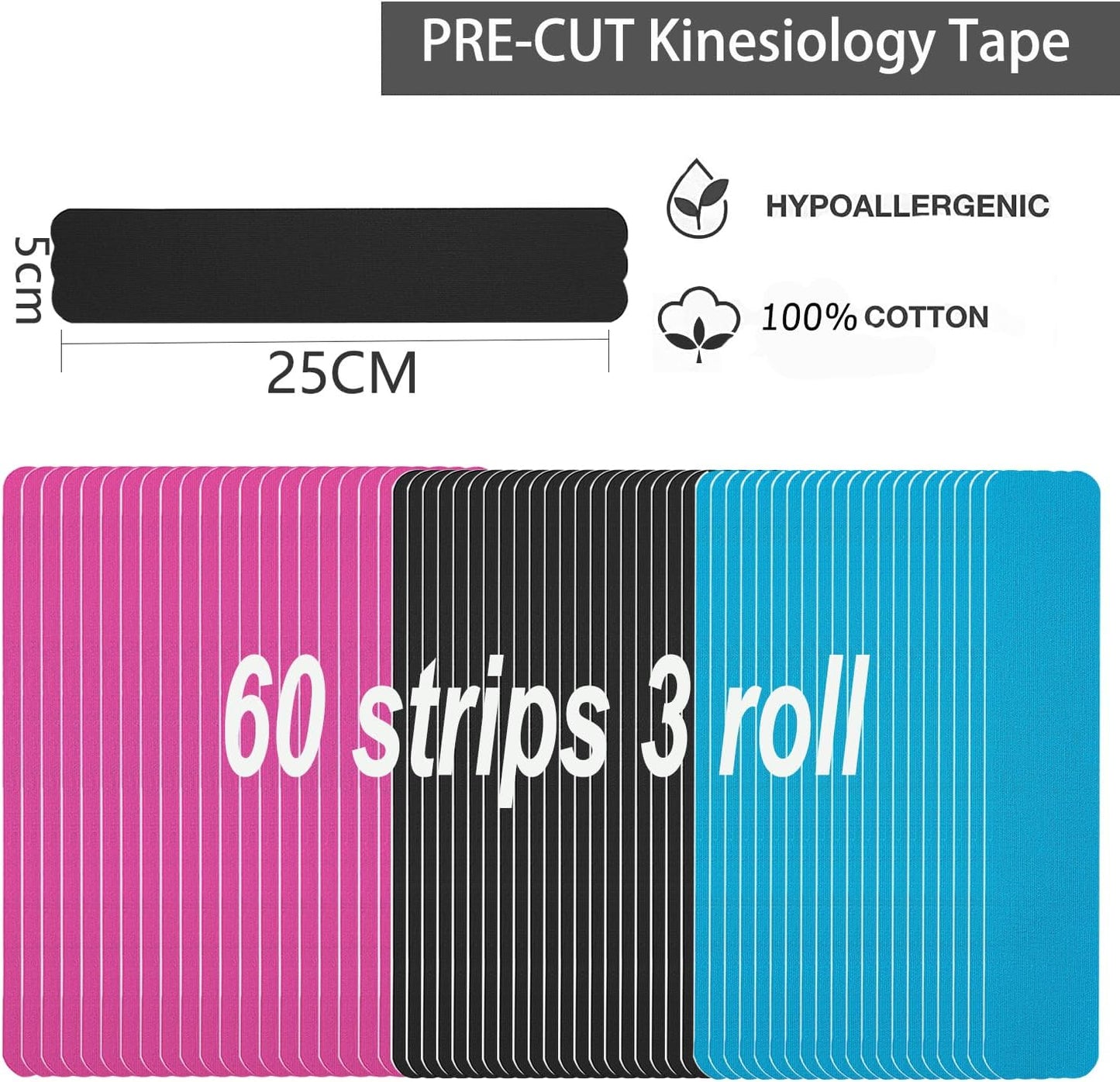 Kinesiology Tape Precut Strips Pro Athletic (3 Rolls,60 Strips) Original Cotton Waterproof Breathable Latex Free Tape for Muscle Pain Relief and Joint Support Elastic Sports Activities Tapes (Mix) - Tennis Mindset