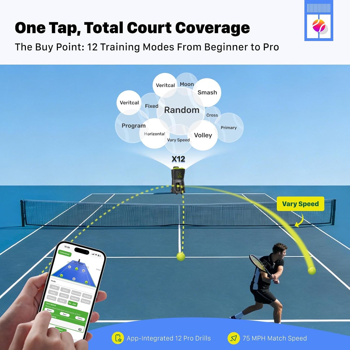 PUSUN｜PT-Smart Tennis Ball Machine: App Control with 12 Built-in Training Modes,6-Level Spin,28-Pt,75 MPH,32.6 lbs,100+ Ball,5H Battery, Portable, for Tennis/Padel,Training, Practice,Beginners to Pros - Tennis Mindset