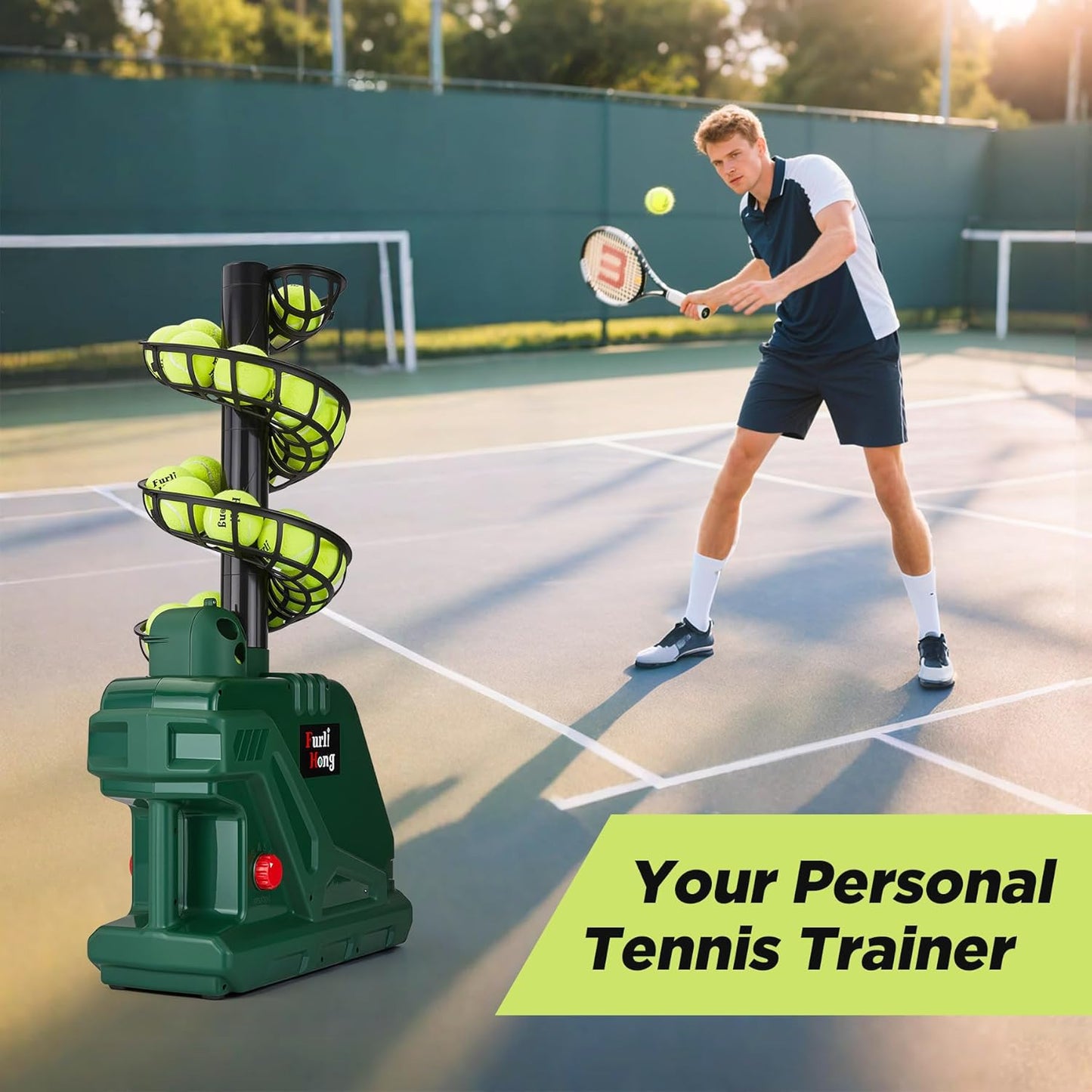 Furlihong 3819BH Portable Tennis Ball Machine – 5 Adjustable Angles, 2 Power Levels, 4 Serve Intervals, Up to 30 MPH, for All Skill Levels Training - Tennis Mindset
