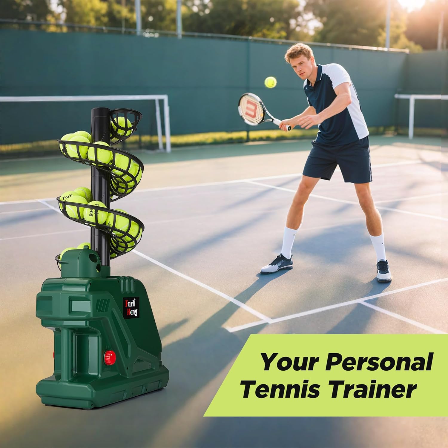 Furlihong 3819BH Portable Tennis Ball Machine – 5 Adjustable Angles, 2 Power Levels, 4 Serve Intervals, Up to 30 MPH, for All Skill Levels Training - Tennis Mindset