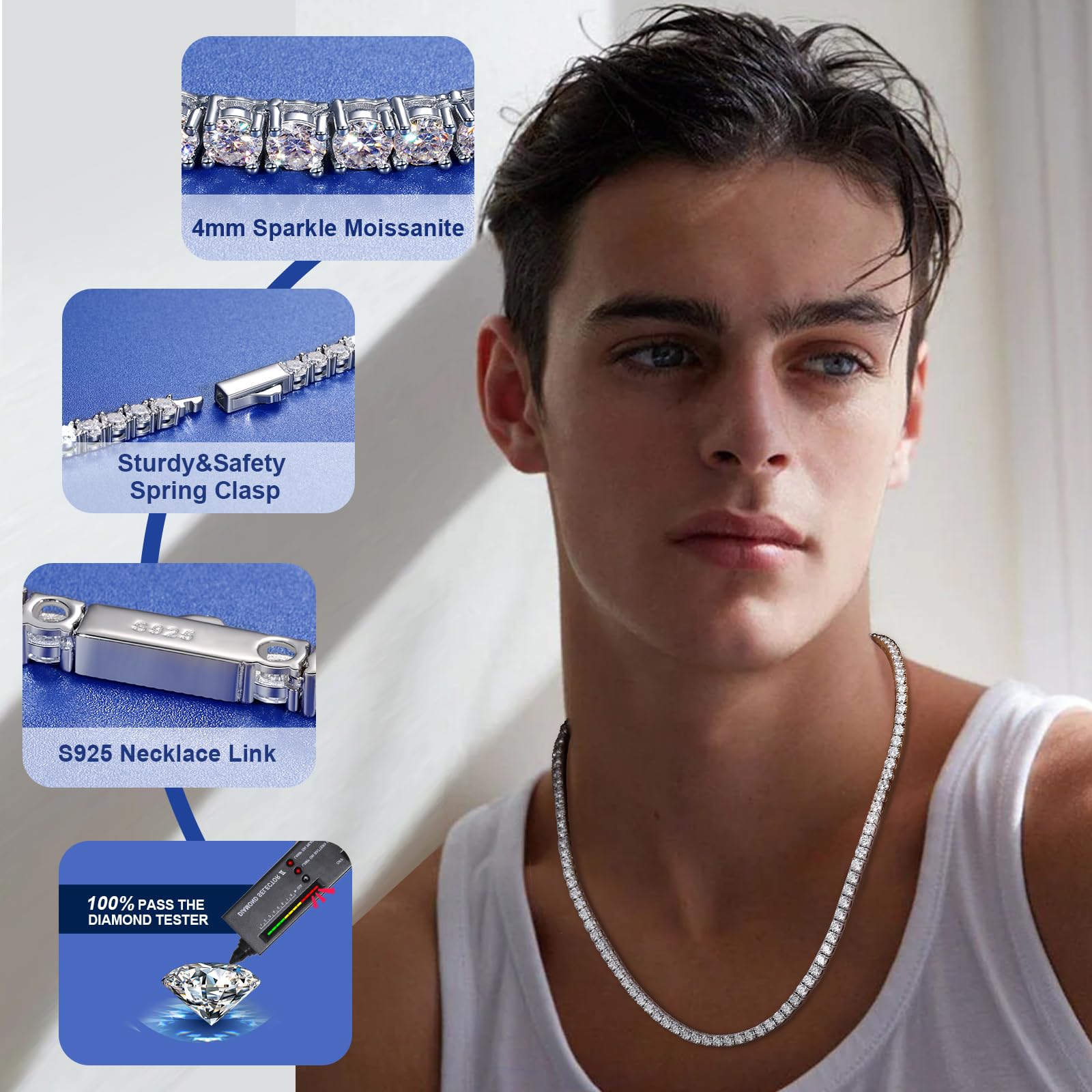 Moissanite Tennis Necklace, 12.4-43.8 Carats Lab Created Simulated Diamond Necklace for Men Women 18k Gold Plated 925 Sterling Silver 3MM 4MM Tennis Certificate Moissanite Necklace Chain Mothers Day - Tennis Mindset