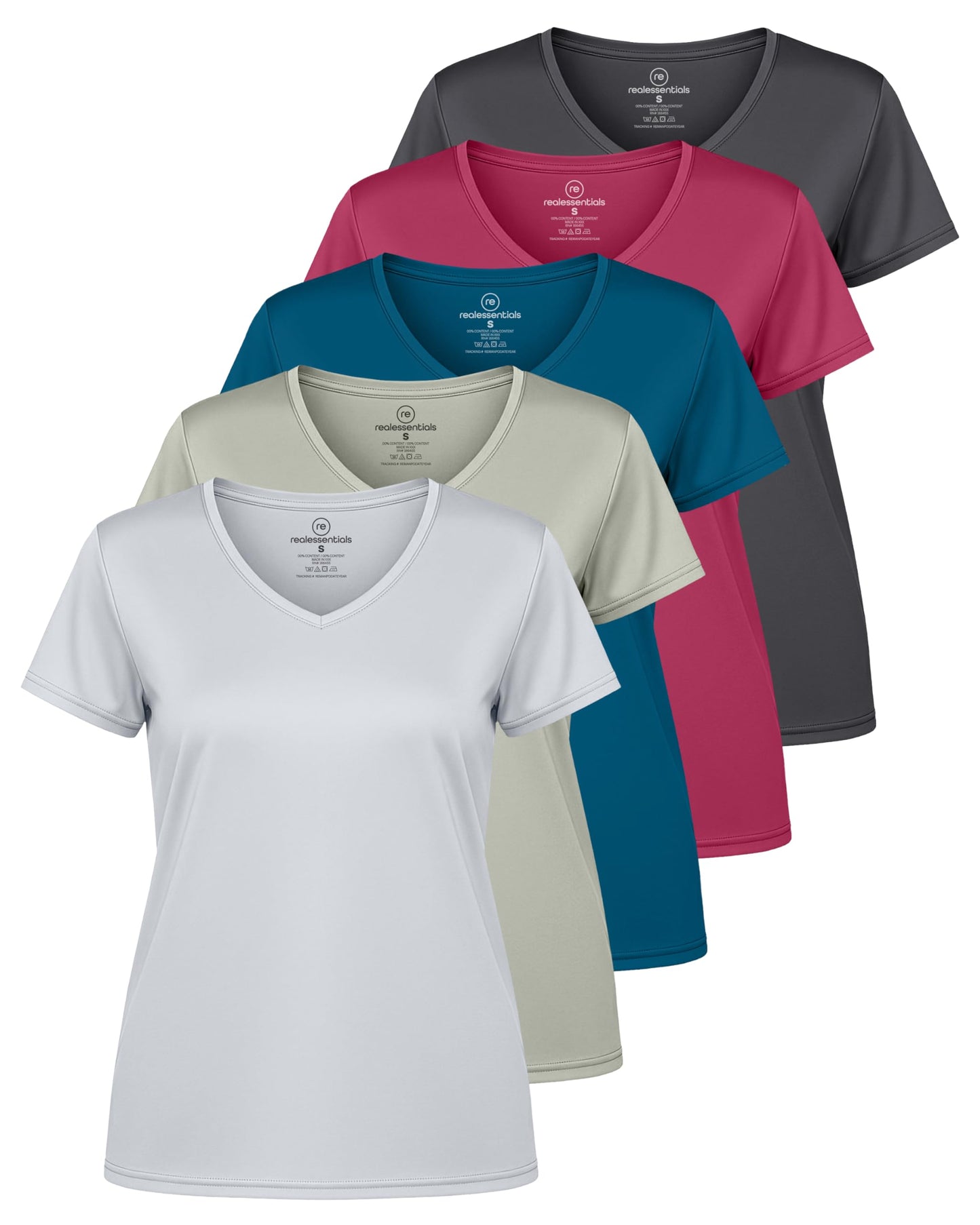 Real Essentials 5 Pack: Women's Dry-Fit Short Sleeve V Neck T Shirt Workout Fitness Yoga Top Tee (Available in Plus Size)