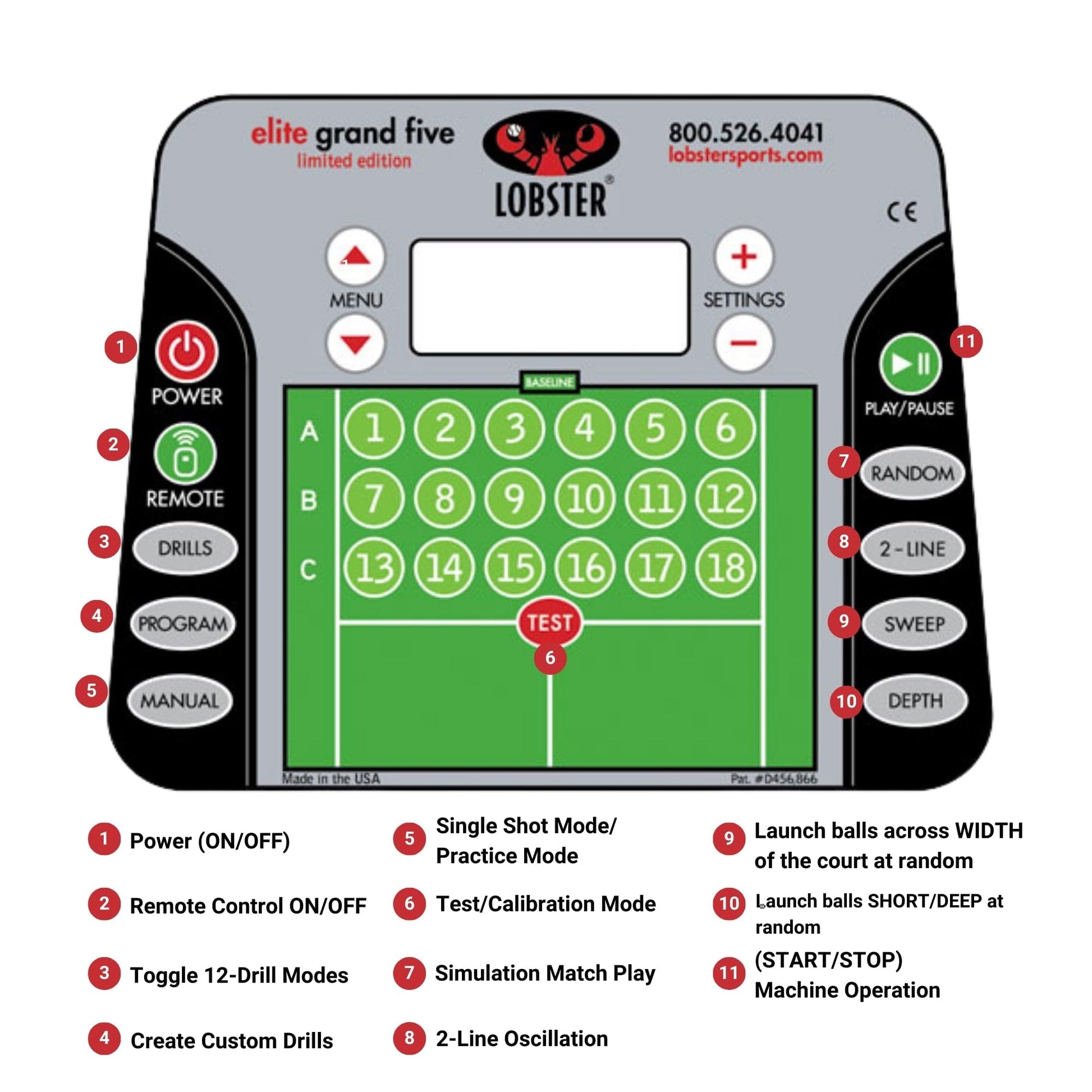 LOBSTER Sports Elite Tennis Ball Machine - Auto Portable Tennis Ball Launcher, Preloaded & Custom Drills, Spin Control, Lob Elevation Switch, Ball Speed (up to 80MPH), with Multi-Function Remote - Tennis Mindset