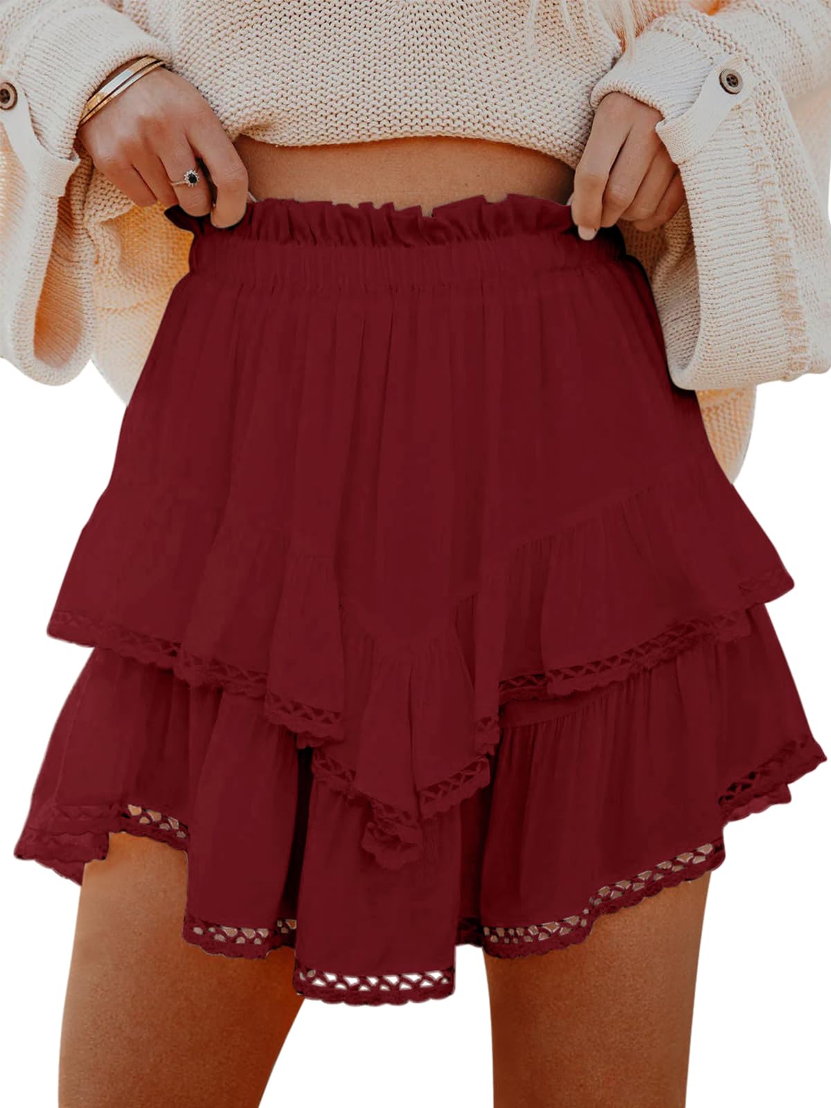 Aoudery Flowy Shorts for Women Casual Boho Ruffle Tiered Skorts High Waist Mini Skirts Golf Tennis Crochet Shorts - Tennis Mindset