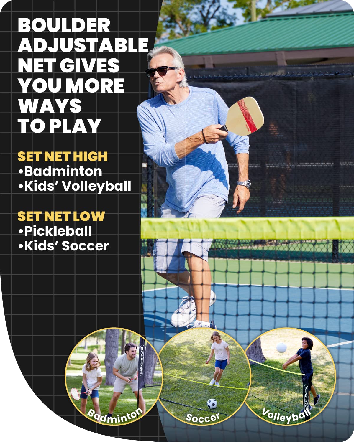 Boulder Portable Badminton Pickleball Net - Foldable/Extendable Poles for Multiple Sports Heights (UP to 5 ft) - Ideal for Tennis, Pickleball, Soccer Tennis - Easy Setup - Tennis Mindset