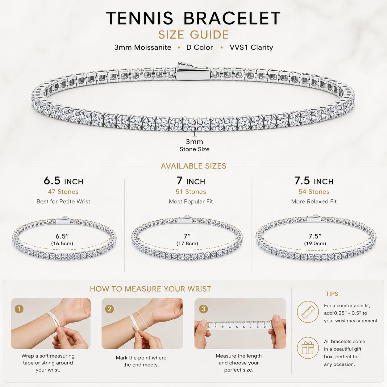 Waterproof Moissanite Tennis Bracelets for Women Hypoallergenic