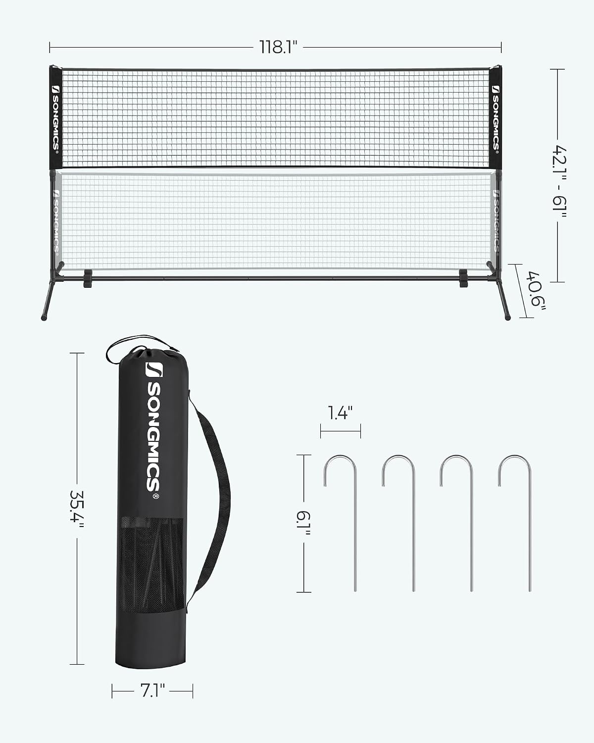 SONGMICS Badminton Net, Height Adjustable Volleyball Net, Pickleball Net for Junior Tennis, Kids, Indoor Outdoor Court, Foldable Nylon Net with Poles 10ft/13ft/16.5ft Wide - Tennis Mindset
