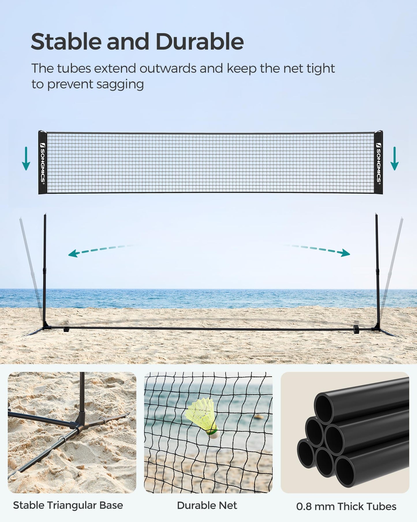 SONGMICS Badminton Net, Height Adjustable Volleyball Net, Pickleball Net for Junior Tennis, Kids, Indoor Outdoor Court, Foldable Nylon Net with Poles 10ft/13ft/16.5ft Wide - Tennis Mindset