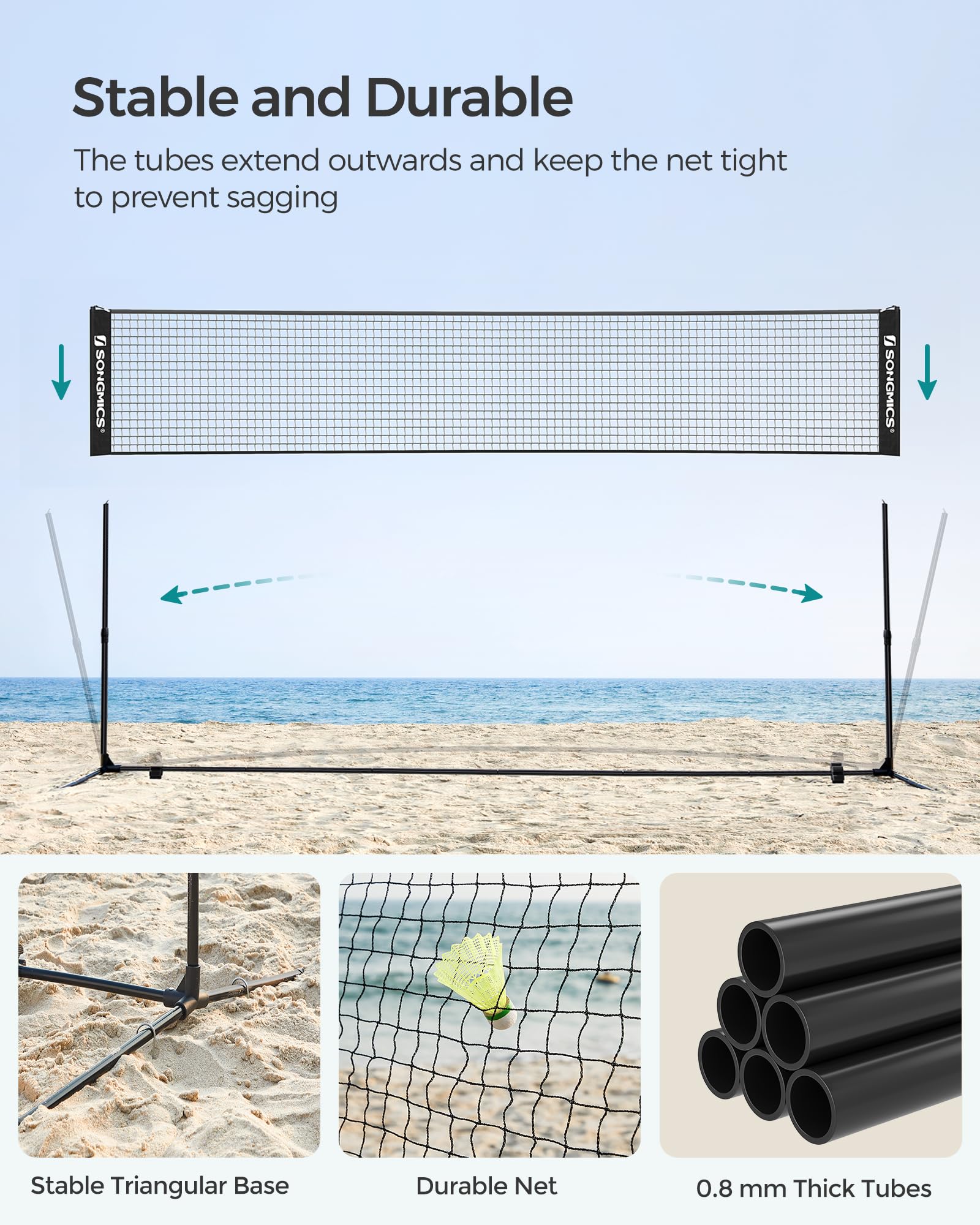 SONGMICS Badminton Net, Height Adjustable Volleyball Net, Pickleball Net for Junior Tennis, Kids, Indoor Outdoor Court, Foldable Nylon Net with Poles 10ft/13ft/16.5ft Wide - Tennis Mindset