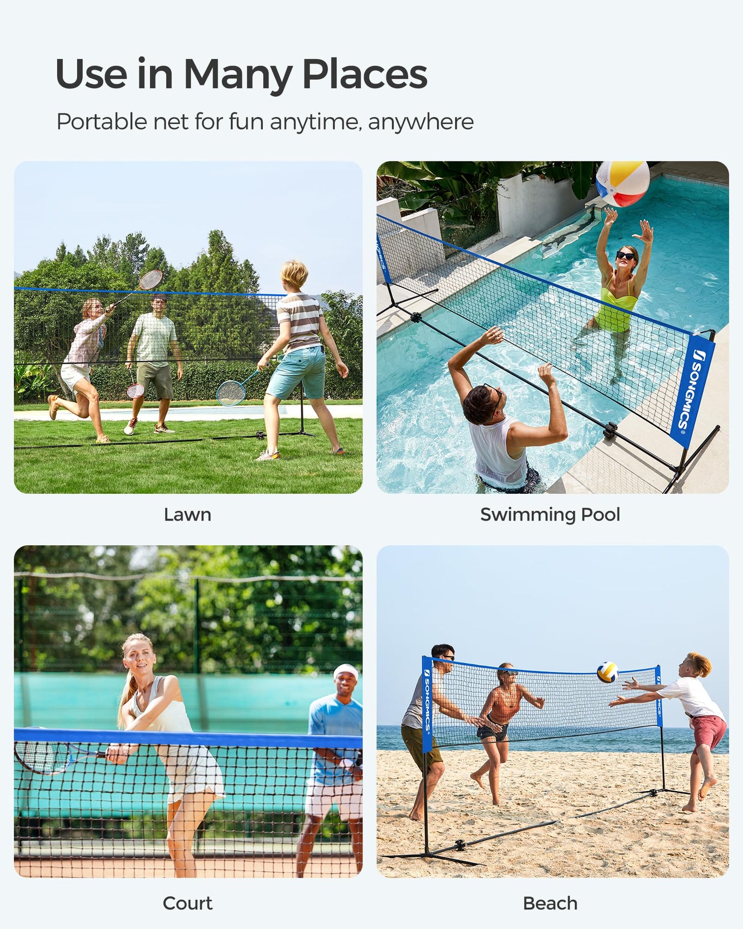 SONGMICS Badminton Net, Height Adjustable Volleyball Net, Pickleball Net for Junior Tennis, Kids, Indoor Outdoor Court, Foldable Nylon Net with Poles 10ft/13ft/16.5ft Wide - Tennis Mindset