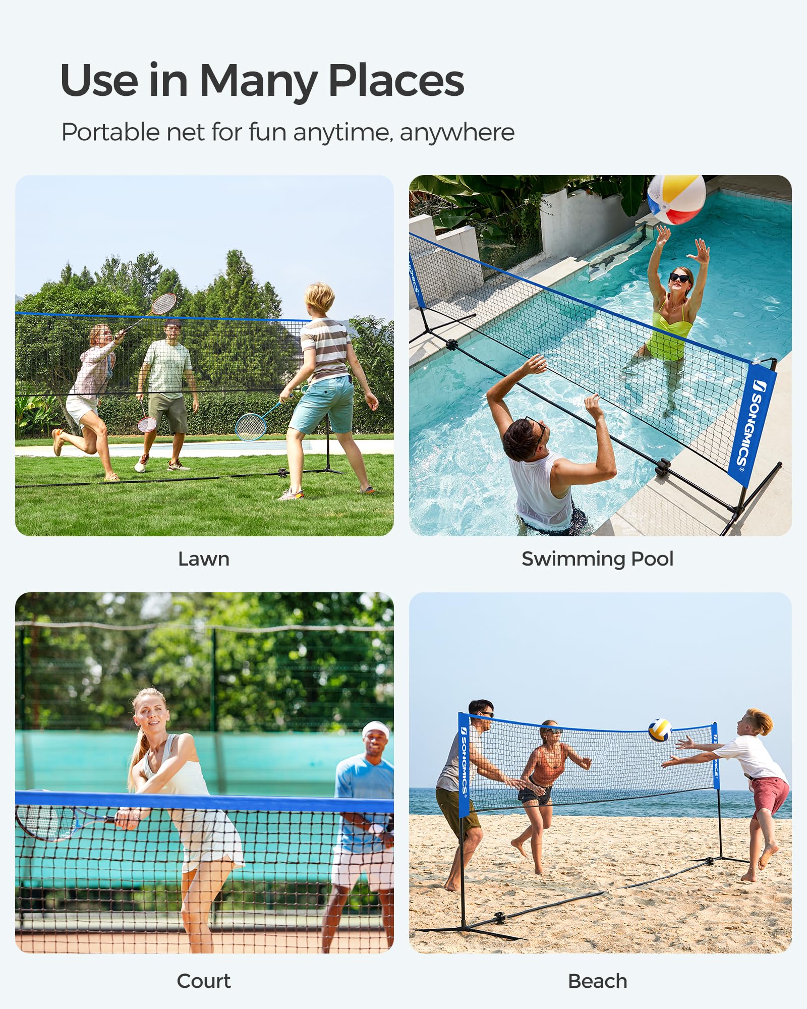 SONGMICS Badminton Net, Height Adjustable Volleyball Net, Pickleball Net for Junior Tennis, Kids, Indoor Outdoor Court, Foldable Nylon Net with Poles 10ft/13ft/16.5ft Wide - Tennis Mindset